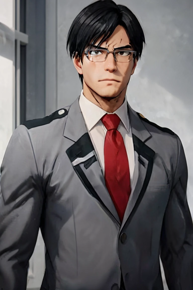 masterpiece, 3d, iidatenya, gray suit and red tie, school uniform, glasses, muscled