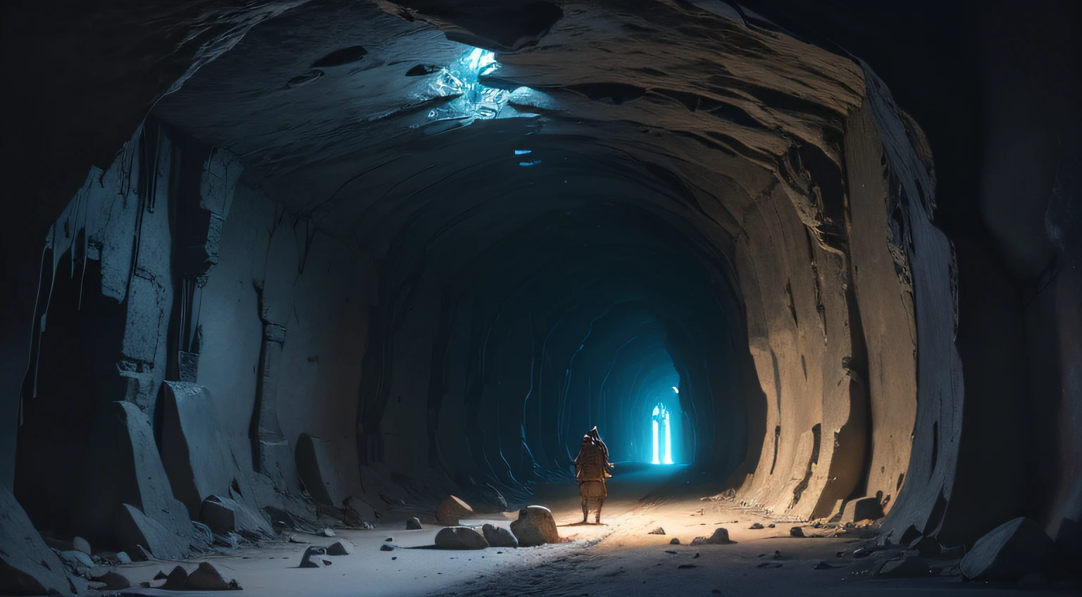 (best quality,highres,masterpiece:1.2),ultra-detailed,(realistic:1.37)
inside a dark tunnel carved into the rock,abandoned galleries,ancient dwarf mine, shimmering iron veins, no lighting, mystical aura, ominous shadows, towering stalactites,fantasy landscape,claustrophobia