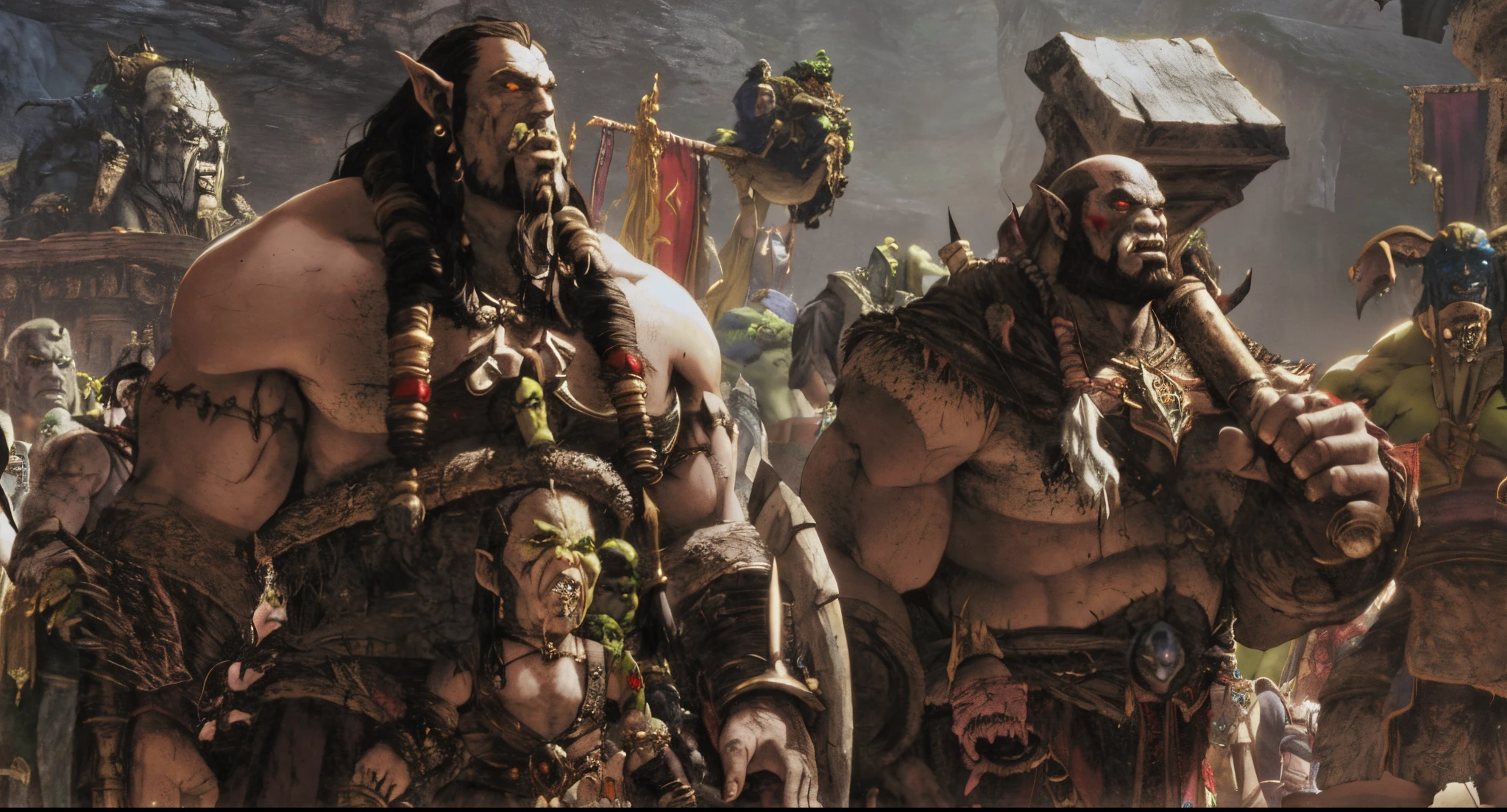 Araafed grupo de homens fantasiados em fila, de Warcraft, Orcs, Warcraft, menacing orcs, Orcs eslavos na estepe, estilo Warcraft, orc themed, arte de Warcraft, Vila Orc, orcs lord of the rings, wow 4 k fantasia detalhe, three hairy fat cave people, ainda de um filme de fantasia