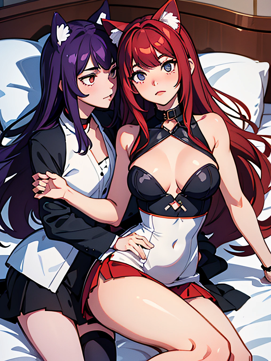 A couple of high school students，A man and a woman are lying on the bed together 。Girl with red hair and cat ears，Wear fur shorts,Hourglass figure, C cup，Wearing a white collar around her neck，Wear white stockings。 Boys with long purple hair，Feminine looks，There are also cat ears，Wearing a black collar。Boys wear women's clothing，Wearing a sexy miniskirt，Have a female figure，The chest is slightly raised，Has an A cup，Wear black stockings，Expose long legs。