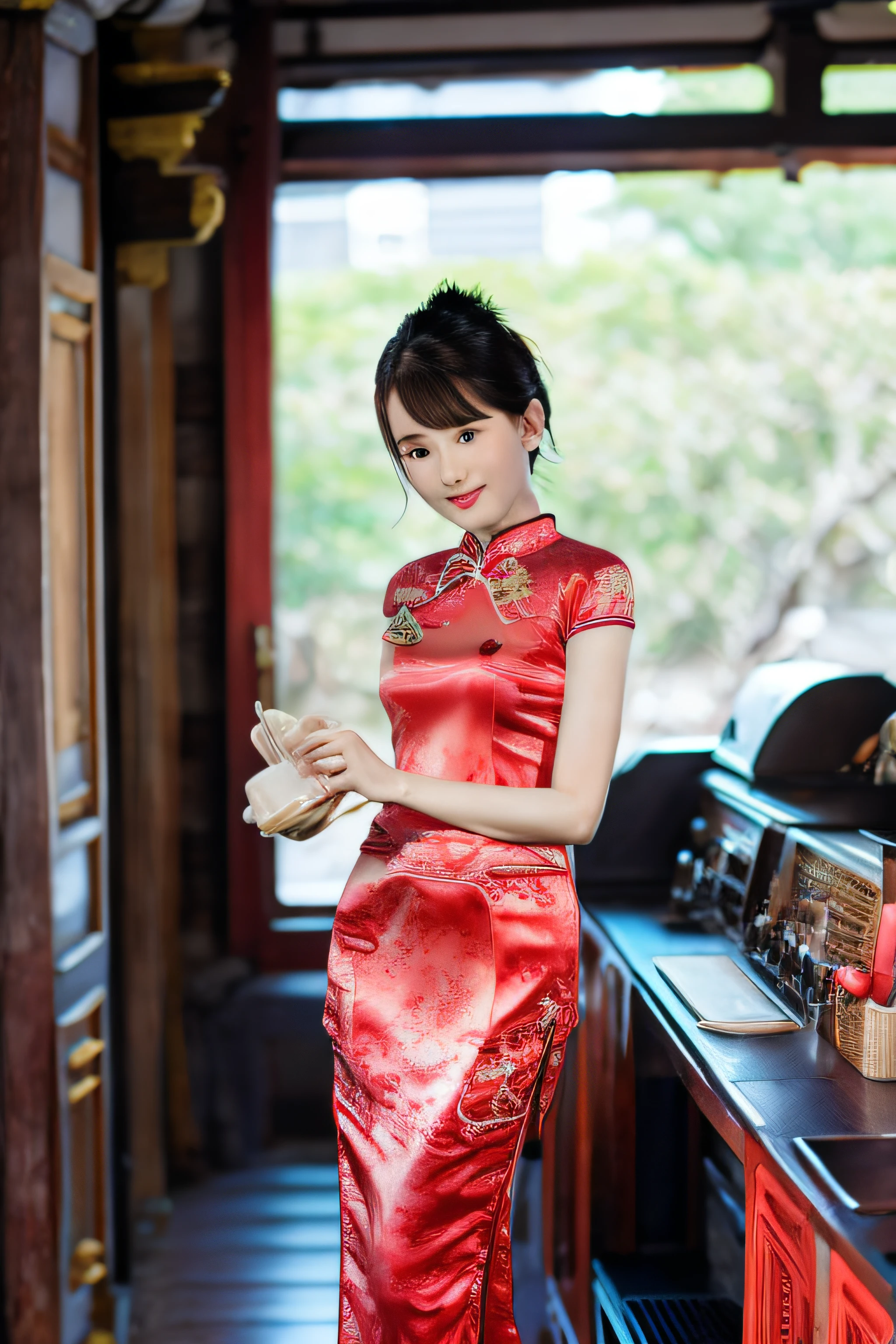 1个Giant Breast Girl,solo,on cheongsam,stage