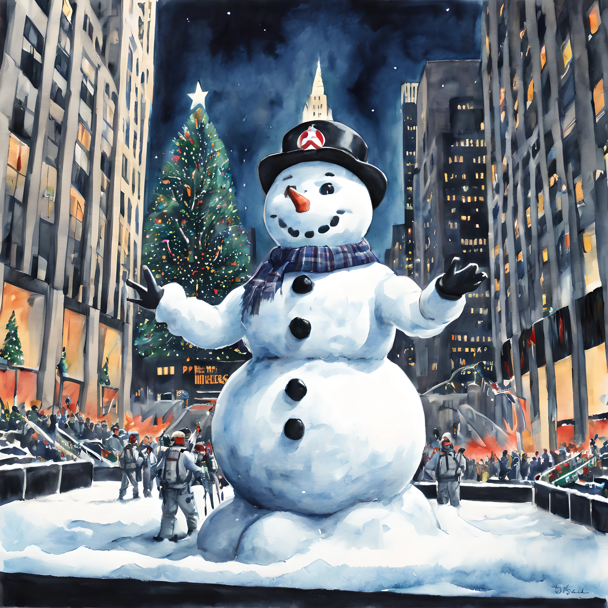 (snowman:1.5),(snowman theme:1.5),(dark horror theme:1.5),(thriller:1.5),(inspiration from Stephen King and ghost busters:1.5),(dark fantasy:1.5), (ink and watercolor painting:1.5), (full color:1.5), 8k, 4k, (snowman in front of rockefeller center:1.5),(Christmas:1.5),(absurderes:1.5),(fantastic:1.5),(best quality:1.5),(masterpiece:1.5),