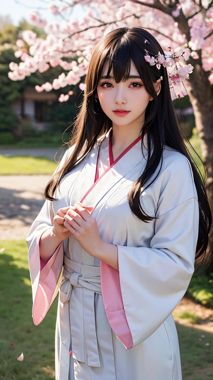(A logo、​masterpiece、8K、masutepiece、Raw photo、Fantastic、Best Quality、Photorealistic、extremely detailed CG unified 8k wallpaper、hightquality、ighly detailed、epic poem、Particle effect、Dynamic effects、depth of fields、Cinematic Light、Lens Flare、Ray tracing)、Fantasia、 (1 beautiful woman in a white coat、robe blanche、Japanese dress、A dark-haired、Beautiful face、Real Face、Beautiful detail eyes、Beautiful skin)、Hair flutters in the wind、Hair jumps、Pink cherry blossom tree、Petals flutter、Sakura blizzard、Superb view、morning glow、Sun in the background、the wind、Deities、tusk、myth、Vast Land、