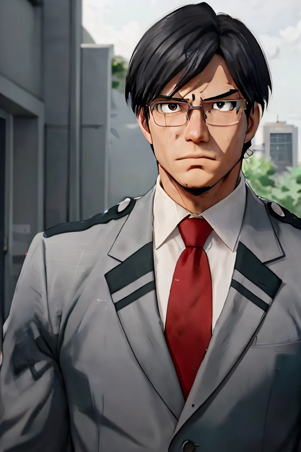 masterpiece, 3d, iidatenya, gray suit and red tie, school uniform, glasses, muscled, male focus