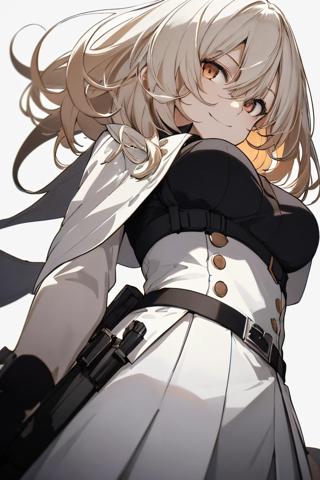 (Super Sexy Pose:1.2), (from below looking up:1.2), Full body, White one-piece military uniform, Jet black head of hair,(masutepiece:1.2, Best Quality), (finely detailed beautiful eye: 1.2), (beautifull detailed face), High contrast, (Best Illumination, extremely delicate and beautiful), ((Cinematic Light)), Dramatic light, Intricate details,dark orange eyes, Shining eyes,Short stature, Smaller chest、Belt under the breasts、White military uniform, White skirt,blonde  hair, Black tie,  (Pale white background:1.5), Wolf cut hair, accurate hands, Look at me and smile, ruddy skin