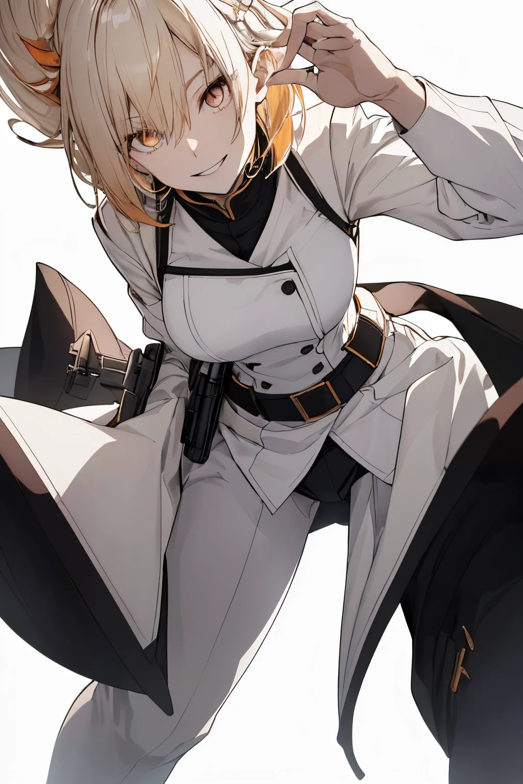 (Super Sexy Pose:1.2), (from below looking up:1.2), Full body, White one-piece military uniform, Jet black head of hair,(masutepiece:1.2, Best Quality), (finely detailed beautiful eye: 1.2), (beautifull detailed face), High contrast, (Best Illumination, extremely delicate and beautiful), ((Cinematic Light)), Dramatic light, Intricate details,dark orange eyes, Shining eyes,Short stature, Smaller chest、Belt under the breasts、White military uniform, White skirt,blonde hair, Black tie, (Pale white background:1.5), Wolf cut hair, accurate hands, Look at me and smile, ruddy skin