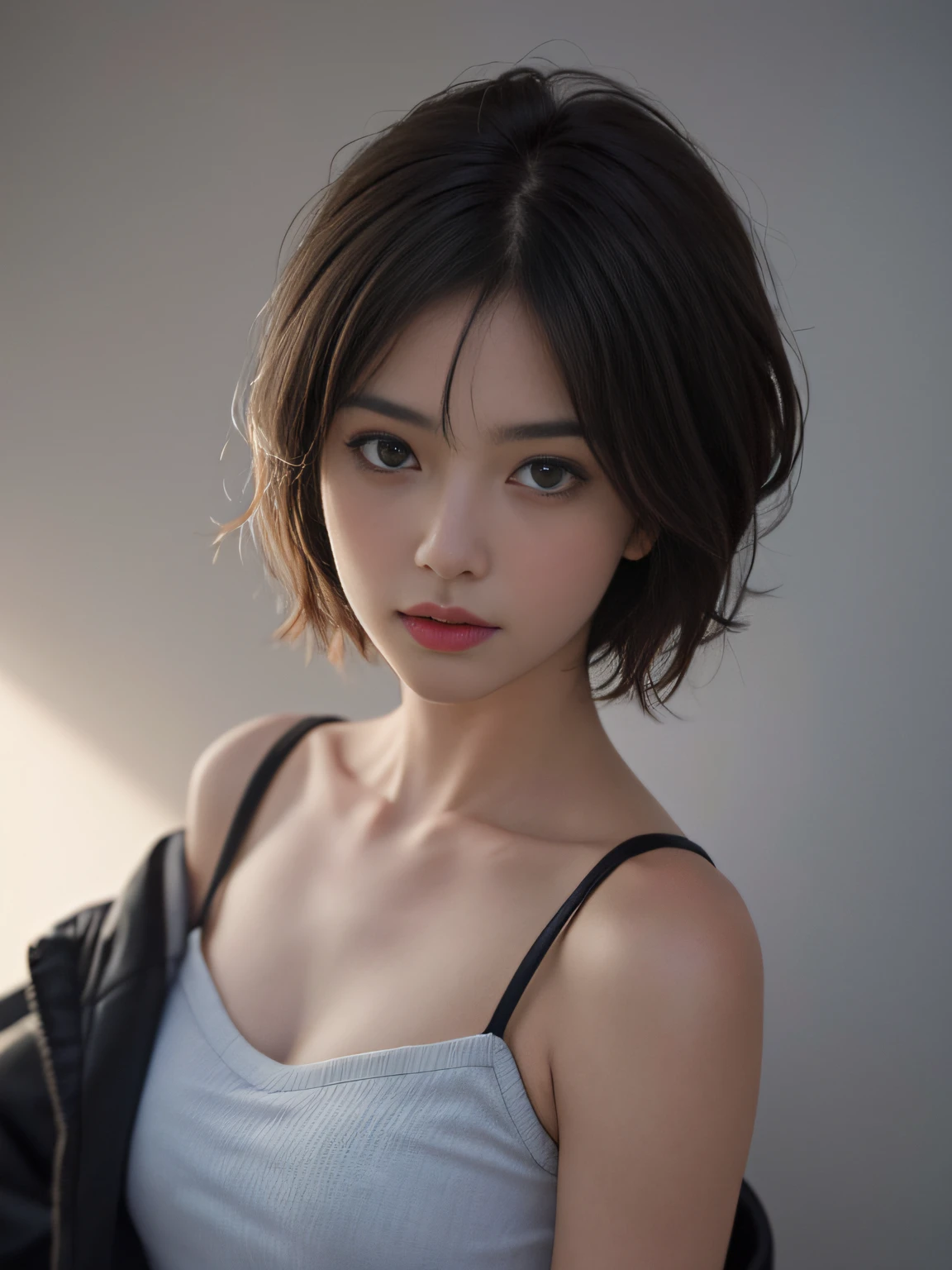 Best quality, masterpiece, ultra high res, (photorealistic:1.5), raw photo, 1girl,, in the dark, deep shadow, low key, cold light, sexy look, short hair, smooth , sexy , leaf shadow, black seamless bra