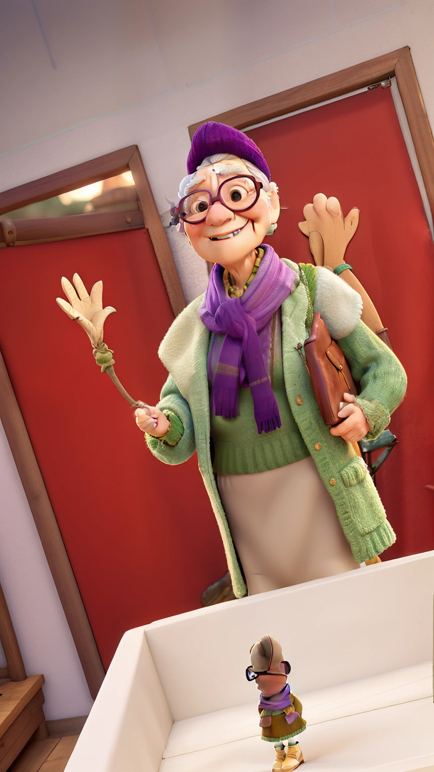 masterpiece, best quality, an old woman with glasses and a scarf on, wearing a purple coat and green scarf, standing at the park