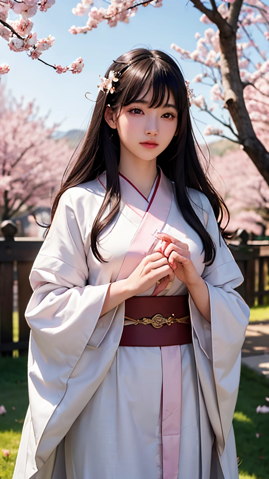(A logo、masterpiece、8K、masutepiece、Raw photo、Fantastic、Best Quality、Photorealistic、extremely detailed CG unified 8k wallpaper、hightquality、ighly detailed、epic poem、Particle effect、Dynamic effects、depth of fields、Cinematic Light、Lens Flare、Ray tracing)、Fantasia、 (1 beautiful woman in a white coat、robe blanche、Japanese dress、A dark-haired、Beautiful face、Real Face、Beautiful detail eyes、Beautiful skin)、Hair flutters in the wind、Hair jumps、Pink cherry blossom tree、Petals flutter、Sakura blizzard、Superb view、morning glow、Sun in the background、the wind、Deities、tusk、myth、Vast Land、