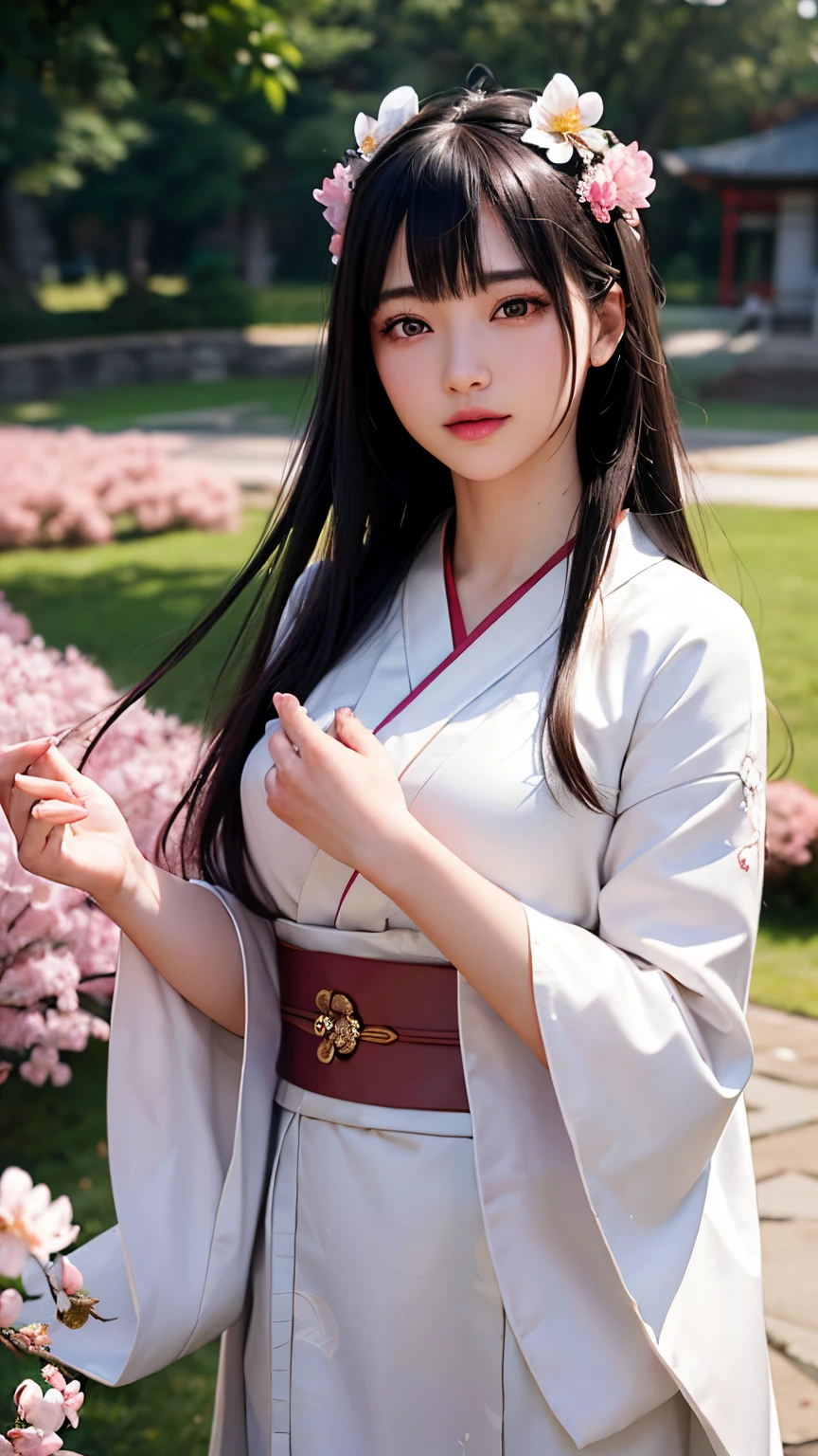 (A logo、masterpiece、8K、masutepiece、Raw photo、Fantastic、Best Quality、Photorealistic、extremely detailed CG unified 8k wallpaper、hightquality、ighly detailed、epic poem、Particle effect、Dynamic effects、depth of fields、Cinematic Light、Lens Flare、Ray tracing)、Fantasia、 (1 beautiful woman in a white coat、robe blanche、Japanese dress、A dark-haired、Beautiful face、Real Face、Beautiful detail eyes、Beautiful skin)、Hair flutters in the wind、Hair jumps、Pink cherry blossom tree、Petals flutter、Sakura blizzard、Superb view、morning glow、Sun in the background、the wind、Deities、tusk、myth、Vast Land、