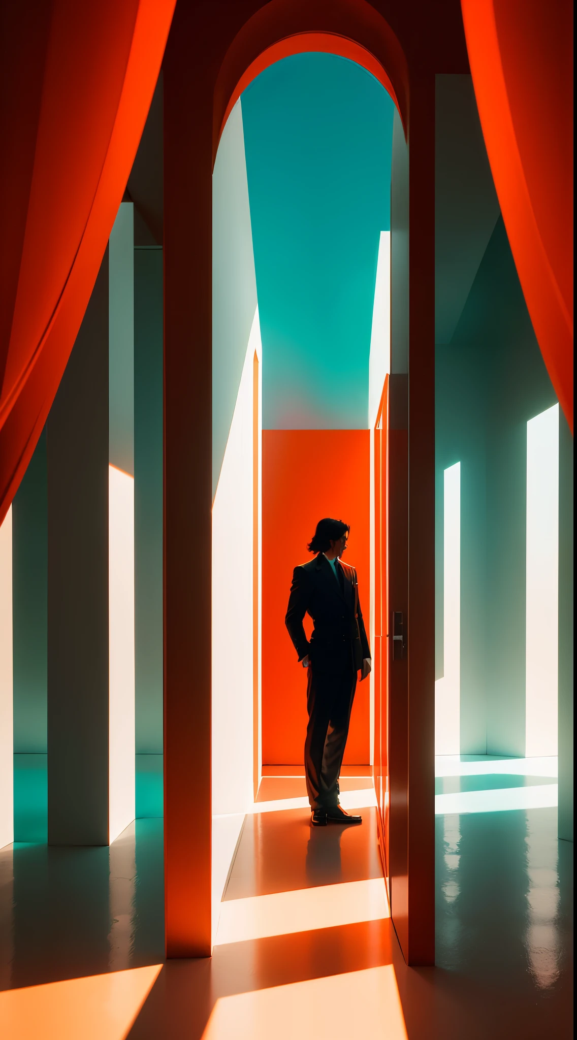 Shadow of man in white shadow "Desert yard",1961,Richie Sidell Sloan (Ritchie Siddell Sloan), in los angeles, Dark cyan and red style, Ed Freeman, Petrina Hicks, Light orange and red, Yasica T4, mirror room, flowing silhouette