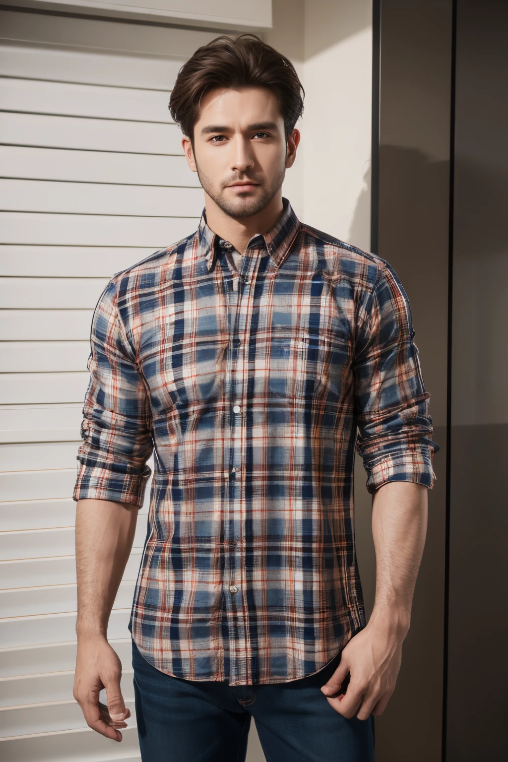 Fashion plaid shirt, men's casual shirt, large plaid design, front view, hyper-realistic photography, commercial photography, hyper-realistic, ultra-high definition, LS, high-definition 8k --ar 16:9 --s 750 --v 5.1