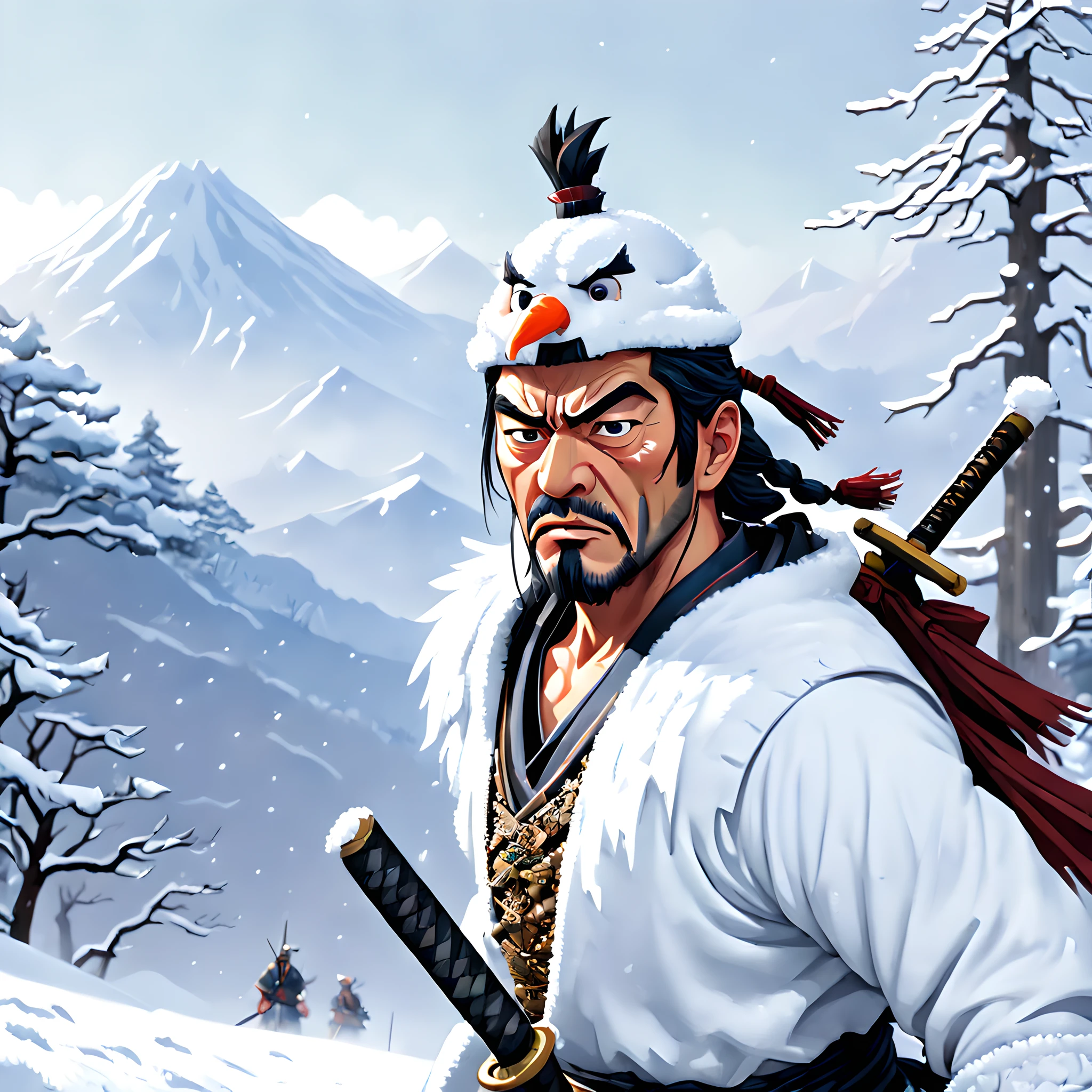 (Snowman:1.5),(Pixel art:1.5), (pixel theme:1.5), (fantasy:1.5), (Japanese game character:1.5), (Toshiro Mifune:1.5), (Japanese samurai:1.5), (General Winter:1.5),(snow:1.5), (snowy:1.5), (snow mountain:1.5),(white_out:1.5), (fantastic illustration:1.5),(dynamic:1.3), (absurderes:1.5),(ultra_detailed:1.5),(delicate:1.5),(Detail on facial expressions:1.5),(best quality:1.5),(masterpiece:1.5),