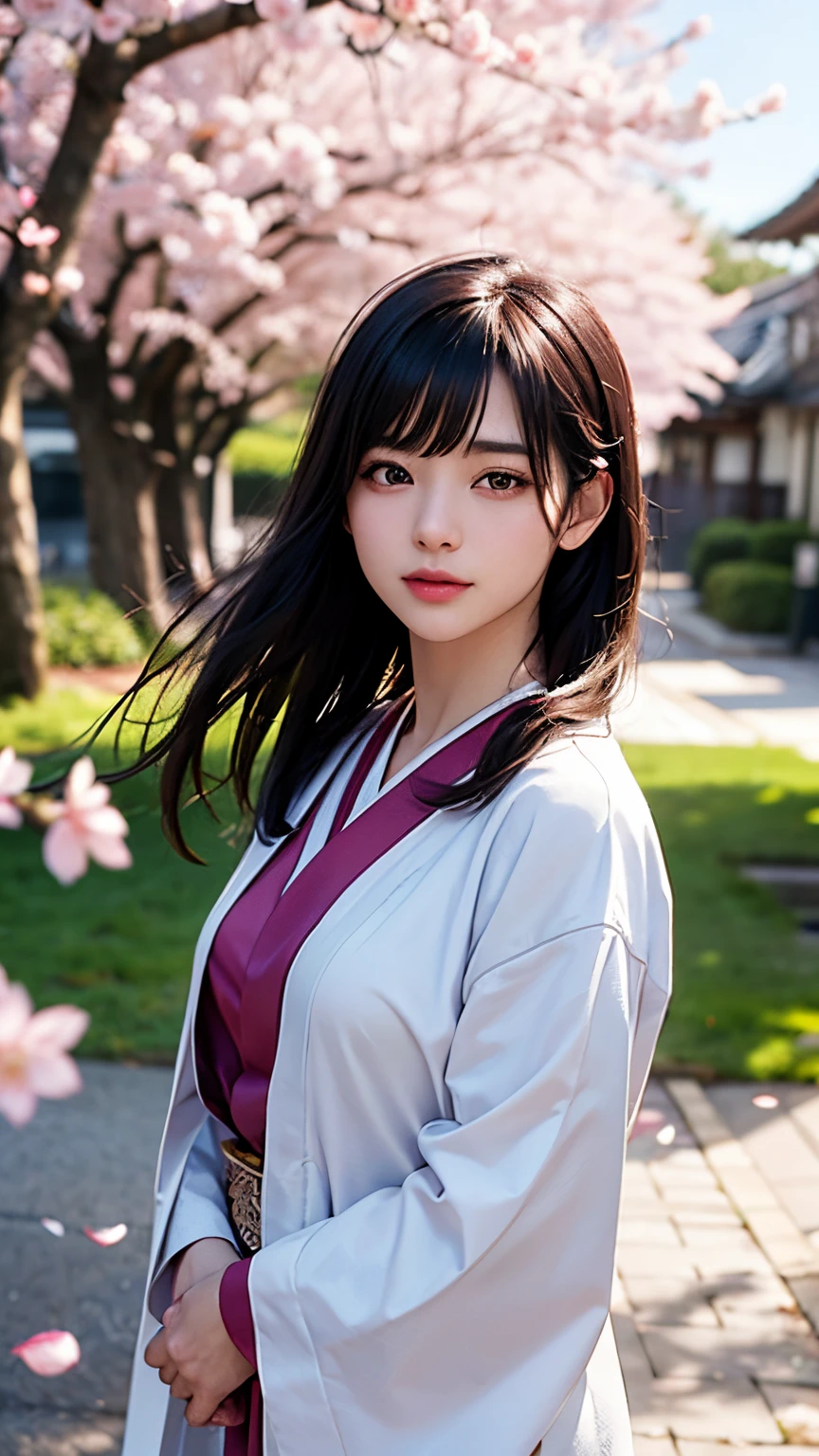 (A logo、masterpiece、8K、masutepiece、Raw photo、Fantastic、Best Quality、Photorealistic、extremely detailed CG unified 8k wallpaper、hightquality、ighly detailed、epic poem、Particle effect、Dynamic effects、depth of fields、Cinematic Light、Lens Flare、Ray tracing)、Fantasia、 (1 beautiful woman in a white coat、robe blanche、Japanese dress、A dark-haired、Beautiful face、Real Face、Beautiful detail eyes、Beautiful skin)、Hair flutters in the wind、Hair jumps、Pink cherry blossom tree、Petals flutter、Sakura blizzard、Superb view、morning glow、Sun in the background、the wind、Deities、tusk、myth、Vast Land、