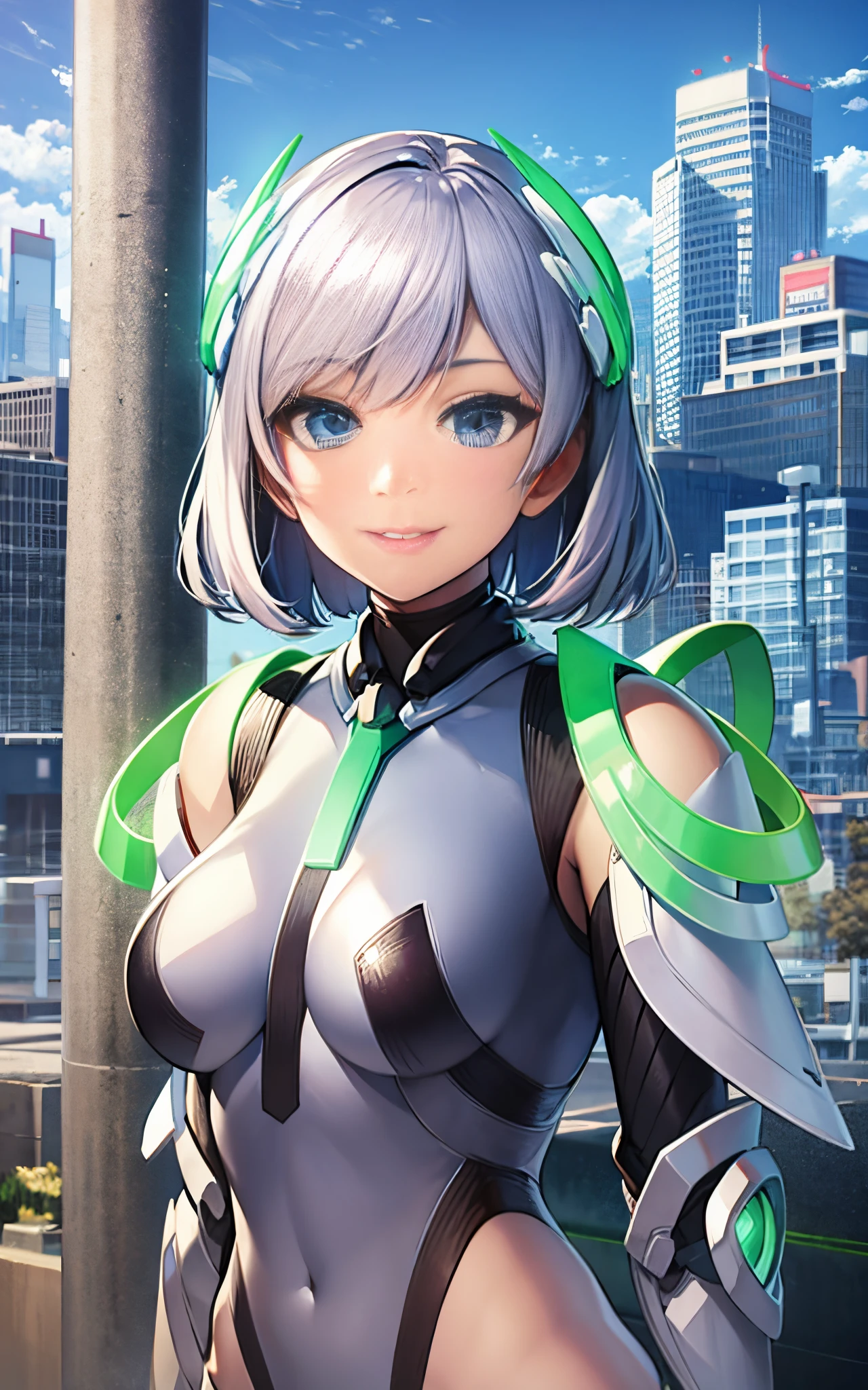 lightsmile, deva battle suit, Outdoors, Silver hair, bobhair, Blue eyes, waist shot