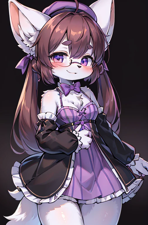 absurdres, furry, female furry, anthro, detailed portrait of a anthro woman, li, extreme detail, detailed fluffy fur, full body, blushing, detailed eyes, (detailed lighting), (cinematic lighting), (masterpiece, hi res, RAW photo, high resolution, high details, best quality), high definition, (high sharpness:1.3), white arctic fox ears, arctic fox tail, white fur, sidelocks, low twintails, brown hair, violet_colored_streaked_eyes, purple striped beret, criss-cross straps, purple checkered dress, bowtie on dress, bows in twintails, happy, smiling, purple clothing, glasses, white hands, white arms, sleeveless, checkered clothing, ahoge,