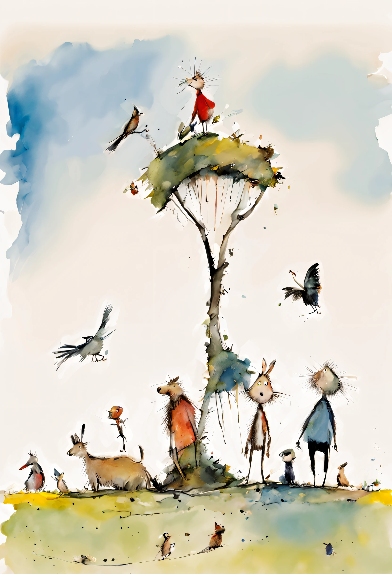 Quentin Blake style photography 、coexistence of humans and animals、portraitures、hight resolution、Beautiful fece、top-quality、​masterpiece、ighly detailed