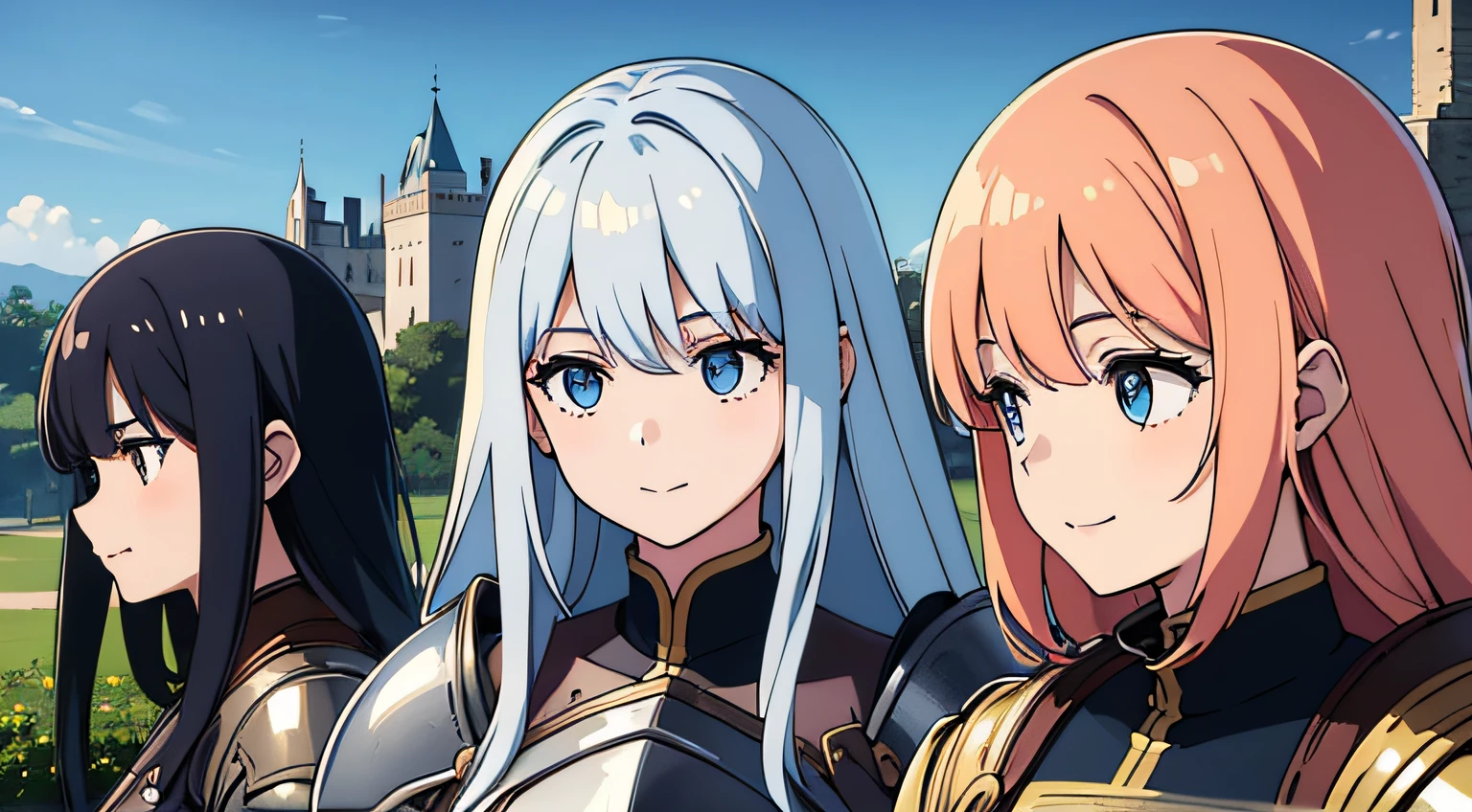 (3 moe girls), (beautiful eyes finely detailed, face to detail, multi color hair, long hair), knight armored, half body illustration, happy facial expression, smiling, talking together, walking together, the background is near the castle, masterpiece, top-quality, detailed, high resolution illustration