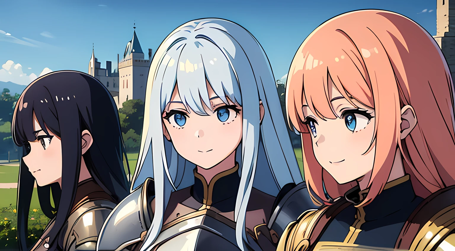 (3 moe girls), (beautiful eyes finely detailed, face to detail, multi color hair, long hair), knight armored, half body illustration, happy facial expression, smiling, talking together, walking together, the background is near the castle, masterpiece, top-quality, detailed, high resolution illustration