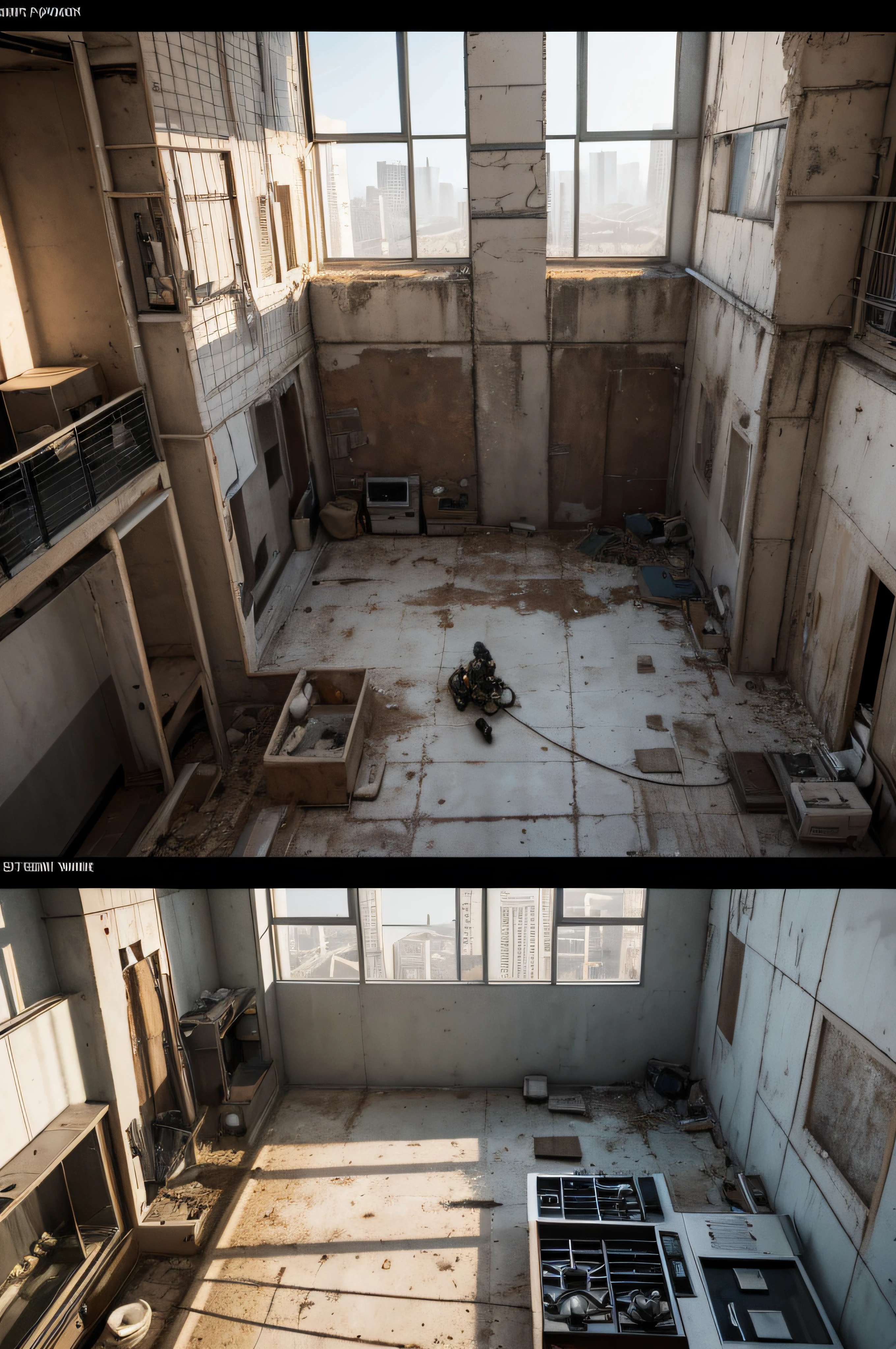 Imagine that，45 degree top view，Doomsday style，dystopian，Somewhat shabby interior decoration，The walls are mottled，Warm color scheme，Interior space，App uses artificial intelligence to create realistic simulations of virtual environments, Allows users to explore interactive and customizable 3D scenes for a variety of purposes, As urban planning, Interior design & Professional training