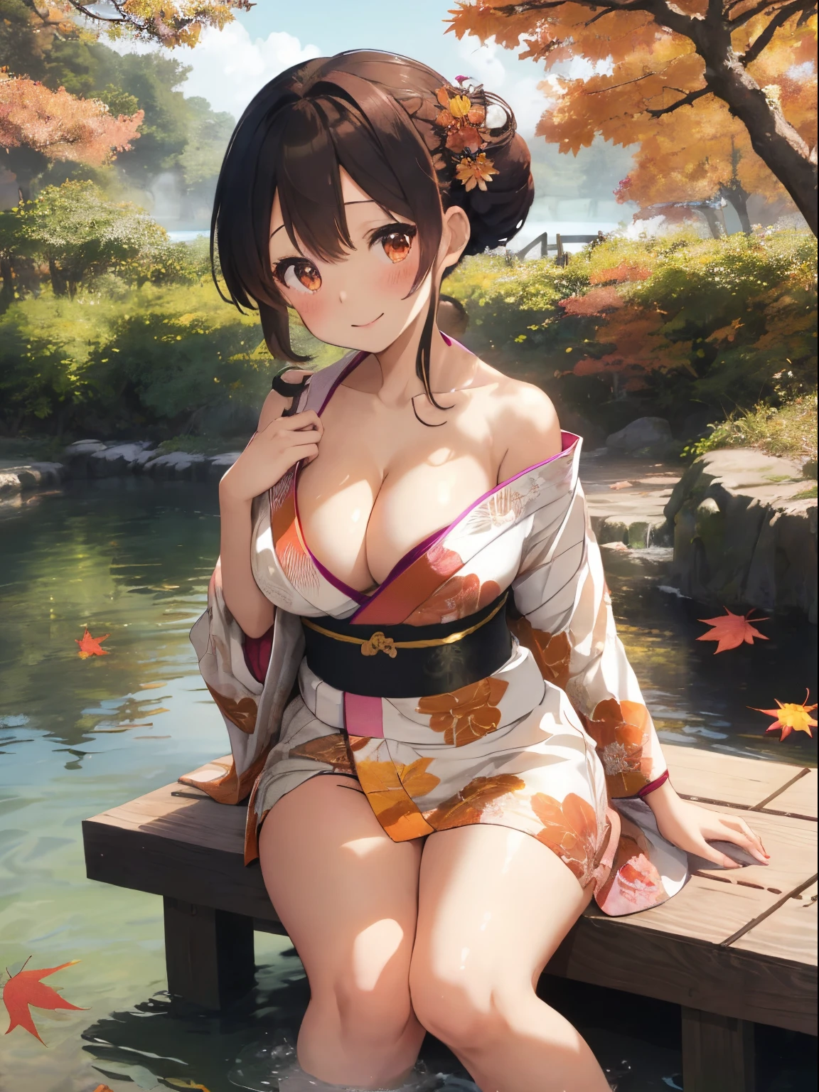 Autumn leaves lakeside,Beautiful lake reflecting light,her fluffy hair is tied up in a loose bun.,Braids,Braiding,Colorful and gorgeous kimono,The hem is long enough to reach the ground,Furisode,shuicolor,white,Pink,Dark green,an orange,A black,reddish,his cheeks are red with embarrassment,Disheveled kimono,It slides down to the shoulders and cleavage is visible.,Her bare legs are visible when the hem of her yukata is rolled up.,A slightly troubled look,My body writhes with pleasure,SEX,AHE Face,ecstacy,Smile on his face,There is white liquid on the chest,