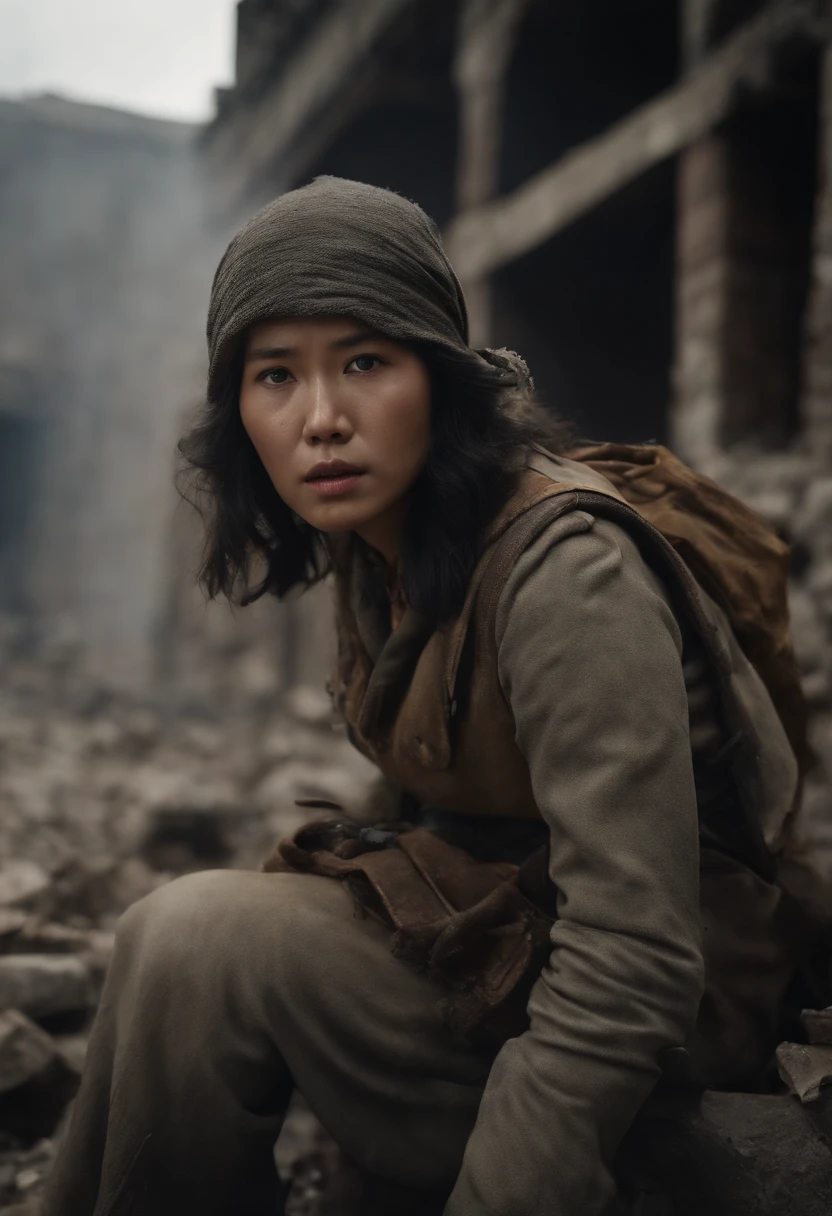 (Best quality at best,4K,8K,A high resolution,tmasterpiece:1.2),ultra - detailed,(actual,realisticlying,Photorealistic:1.37),karo, urs, Crumbling town, Destroyed buildings, greybackground, large army, 详细的脸, There are injuries on the face,Shoot from below, worn-out clothing, determined expression, rubble, smokes, Abandoned streets, desolated, post apocalyptic atmosphere, 废墟, relics of the past, Bittersweet memories, overcast day, dramatic lights, cinematic compositions