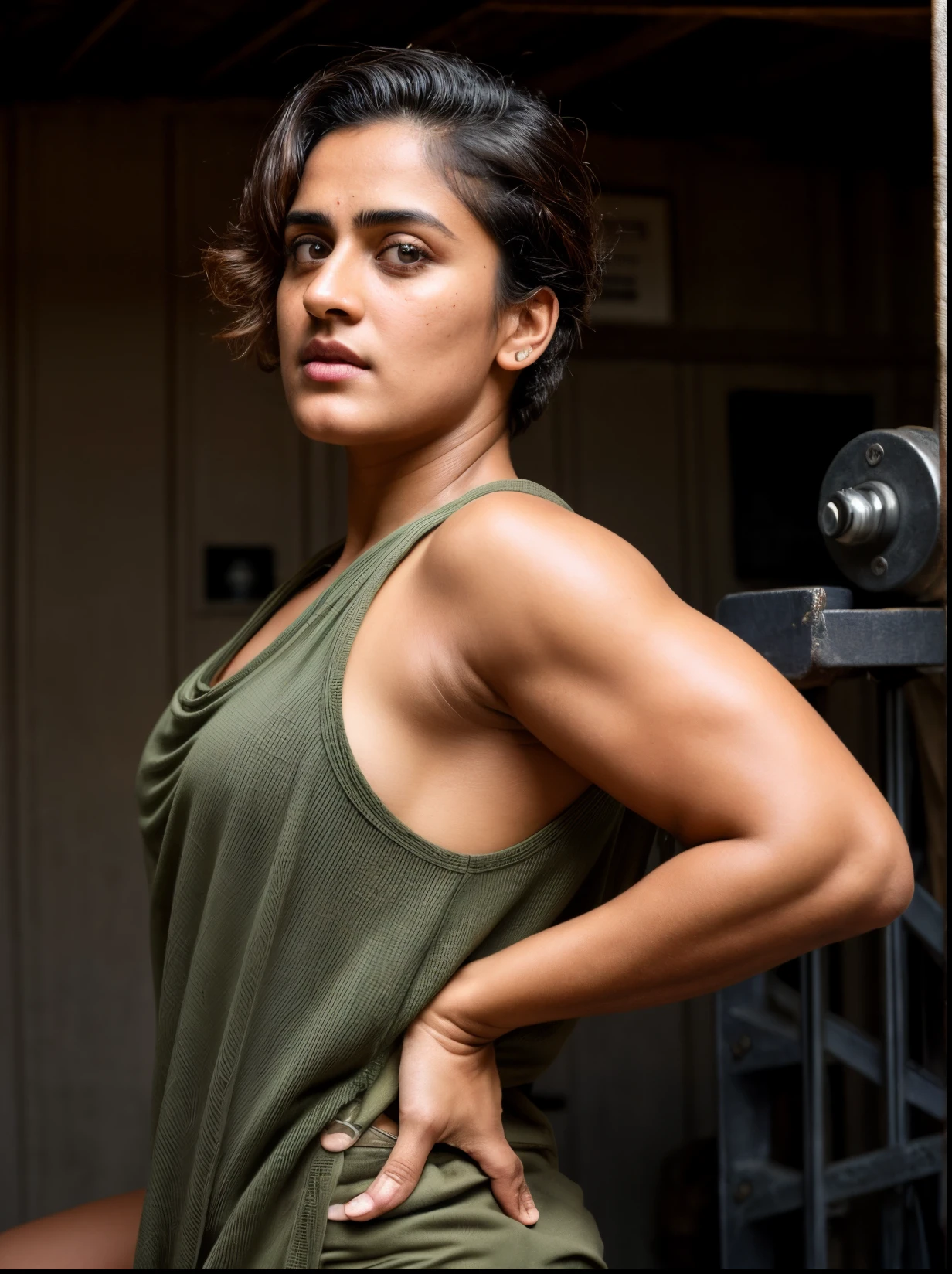 Face of PV Sindhu and Tapsee Pannu, perfect thick dusky Beauty, dynamic lighting, wearing olive green Knit Cami top, detailed hairy armpits, super hot cop, mascular Woman doing exercise, cinematic Lightning, Highest quality, (dramatic lighting:0.7), masterpiece, high angle shot, perky breast, big tight breast, RAW photo of (pale 45 year old military Special Force woman with short styled hair, mascular woman with heavy physique, looking up at the viewer), cute, Extremely sweat, (wearing sleeveless 
square neck vest, thin cotton ), doing free hand excercise in a military camp in jungle, portrait, perfect face, beautiful eyes, vivid detail, (highly detailed skin), freckles, sfw, (blue tint:0.6), (dirty:0.8), (bloody:0.7), key lighting, (backlighting:0.5), medium depth of field, photographed on a Canon 5D, 50mm lens, F/4 aperture, (hyperdetailed, intricate details), sharp focus, muted colors, 8k, absurdres, 8mm film grain, war photography, perfect eyes, detailed eyes, sharp focus,