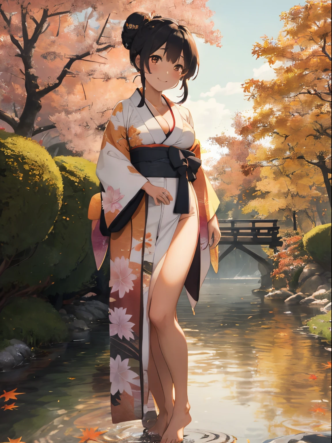 Autumn leaves lakeside,Beautiful lake reflecting light,her fluffy hair is tied up in a loose bun.,Braids,Braiding,Colorful and gorgeous kimono,The hem is long enough to reach the ground,Furisode,shuicolor,white,Pink,Dark green,an orange,A black,reddish,his cheeks are red with embarrassment,Disheveled kimono,It slides down to your shoulders and you can see your cleavage..,If you turn up part of the hem of your yukata, you can see your bare legs..,The hem of the kimono is long,A slightly troubled look,My body writhes with pleasure,SEX,AHE Face,ecstacy,Smile on his face,I have white fluid on my chest,