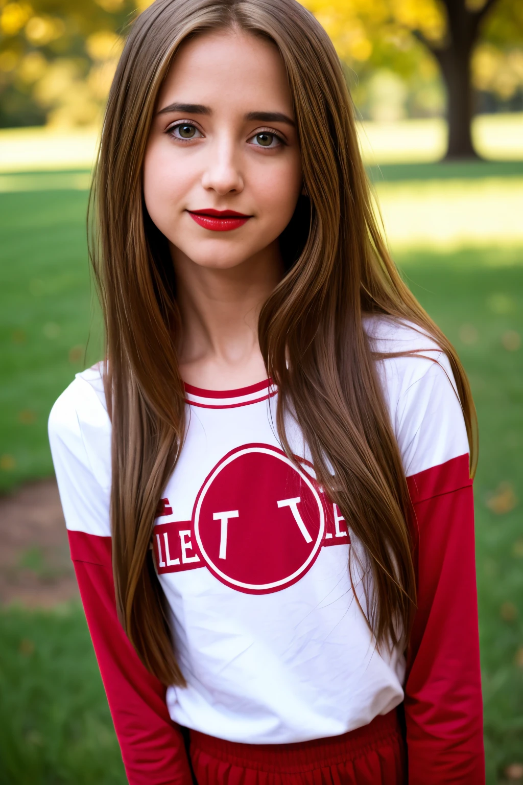very skinny ,  long hair , teen american  girl  Allison Mack ,large eyes  ,shallow depth of field , 
 blurry, red lips, brown hair  ,  ,  , soft skin, , expressive eyes ,
 , , long sleeve red  t-shirt,  jens pants , farm