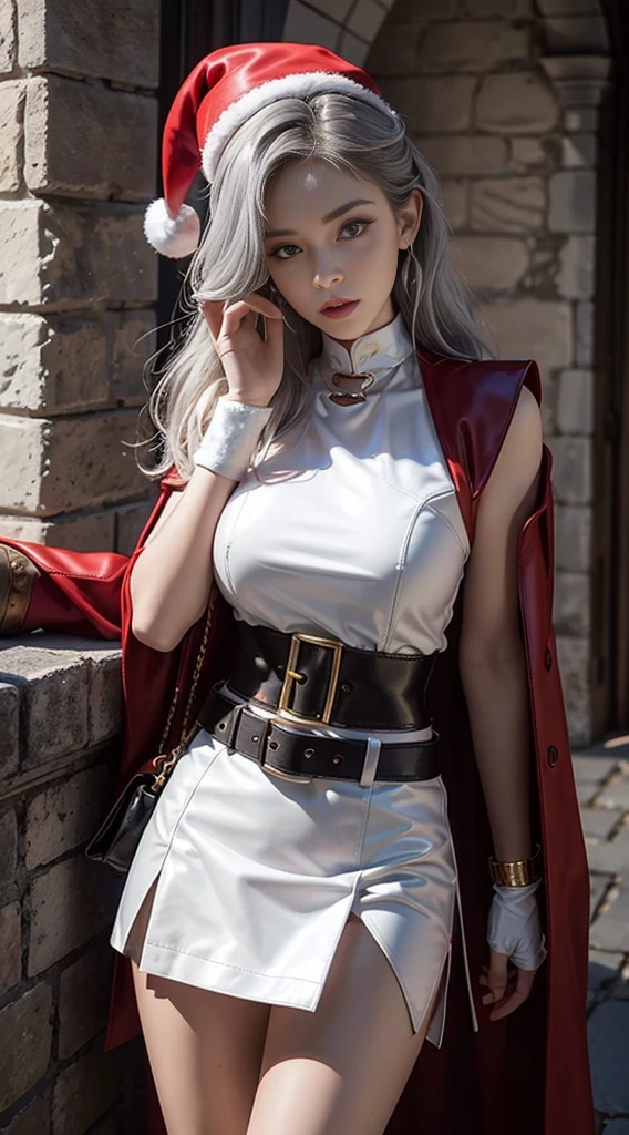 full body Esbian, of the highest quality, Intricately detailed skins, Shiny skin, Shiny hair, pale complexion,Big breasts), Red sky, Continuous snow, Castle terrace, ((Skull Mark)), ambitious, Seductive Woman, Gray hair, Long hair, Hair fluttering in the wind, Skull mask on half of the face, Detailed tattoos, Red leather clothes, Red sleeveless clothes, Black leather coat, Black leather gloves, Solid Gold Bracelet, leather skirt red skirt, , Hat with skull marker, (Leather Belt), Look far away