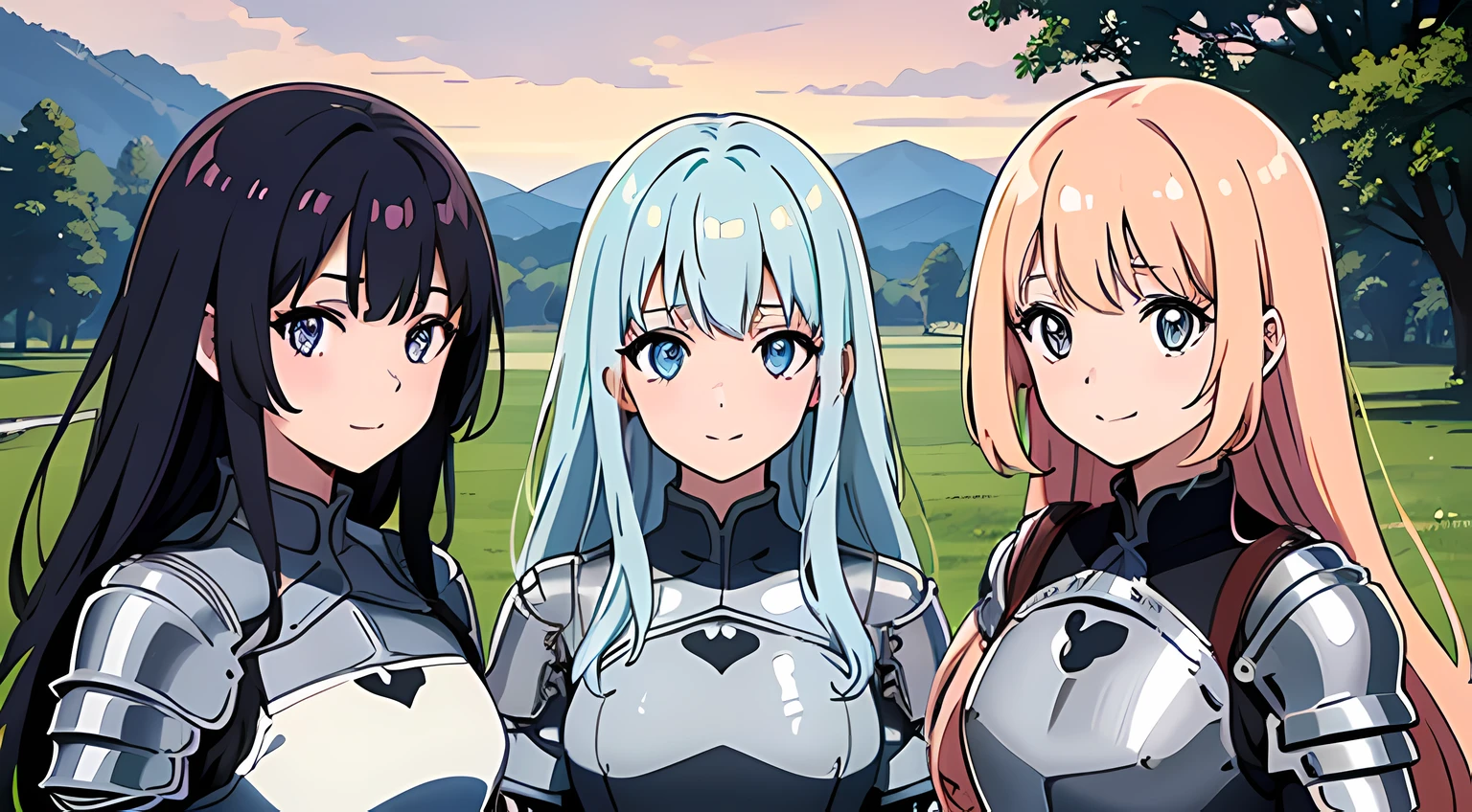 (3 moe girls), (beautiful eyes finely detailed, face to detail, multi color hair, long hair), knight armored, half body illustration, happy facial expression, smiling, talking together, walking together, the background is near the castle, masterpiece, top-quality, detailed, high resolution illustration