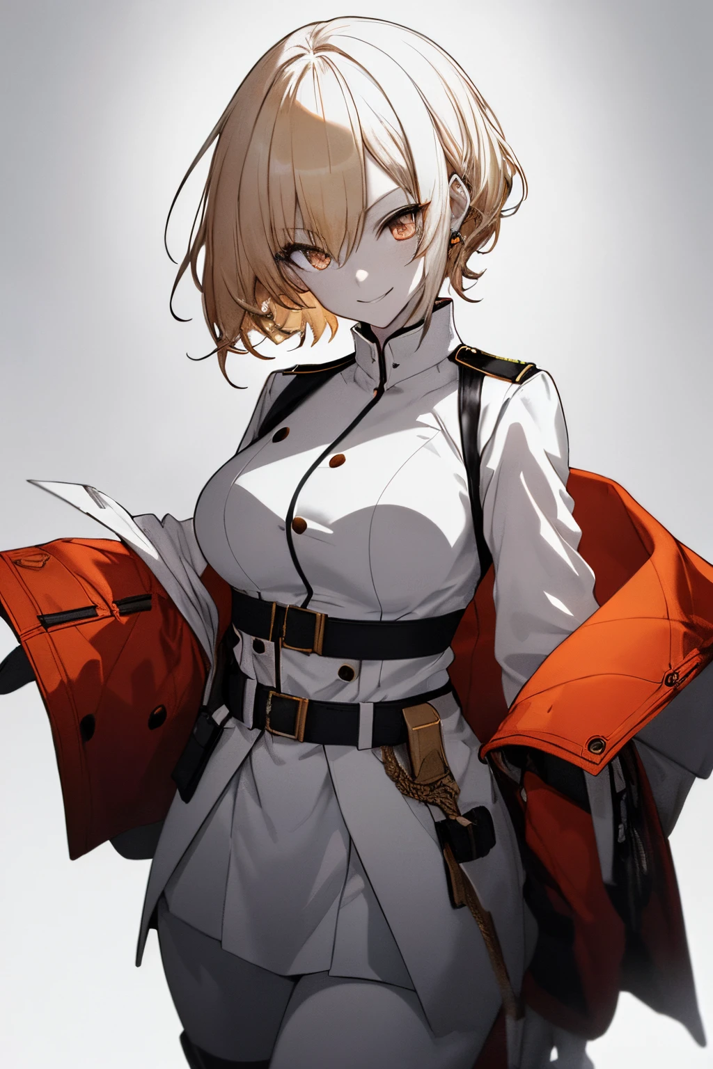 (Super Sexy Pose:1.2), 1 girl in, Full body, White one-piece military uniform, (masutepiece:1.2, Best Quality), (finely detailed beautiful eye: 1.2), (beautifull detailed face), High contrast, (Best Illumination, extremely delicate and beautiful), ((Cinematic Light)), Dramatic light, dark orange eyes, Small, Belt under boobs, White military uniform, White skirt,blonde hair, Black tie, (Pale white background:1.5), Wolf cut hair, accurate hands, Look at me and smile, ruddy skin