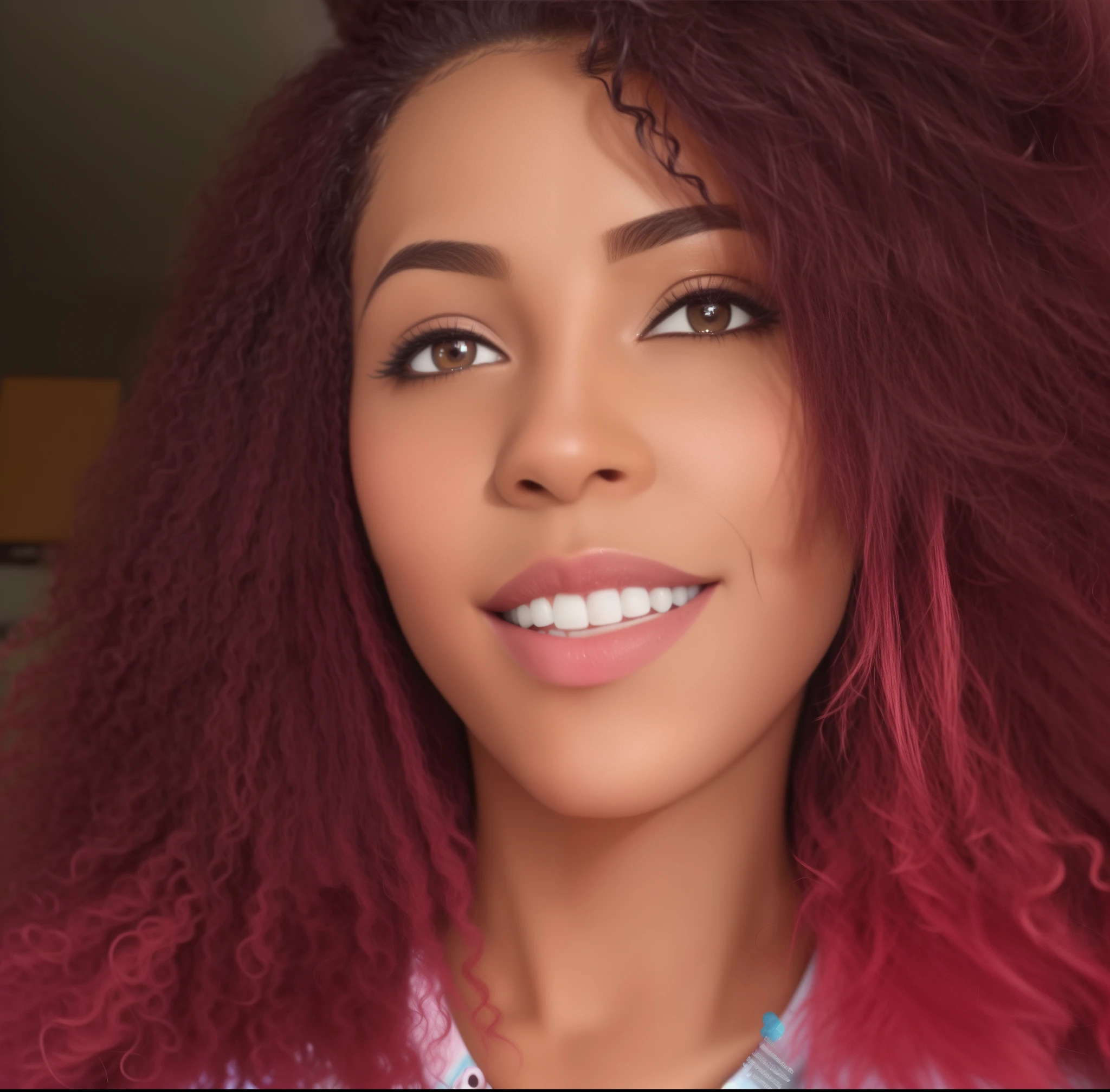 Criar estilo pixar cartoon um close de uma mulher com cabelo rosa e preto, com cabelos ruivos cacheados. vibrante, imagem de perfil, Mulher de 30 anos, 3 0 anos de idade mulher negra, com afro, foto do perfil, Incrivelmente bonito,