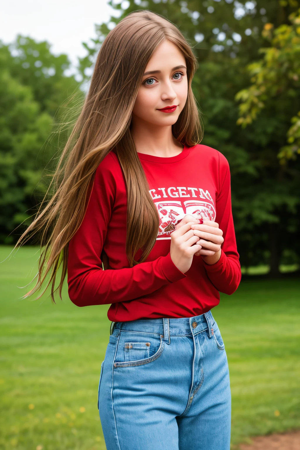 very skinny ,  long hair , teen american  girl  Allison Mack ,large eyes  ,shallow depth of field , 
 blurry, red lips, brown hair  ,  ,  , soft skin, , expressive eyes ,
 , , long sleeve red  t-shirt,  jens pants , farm