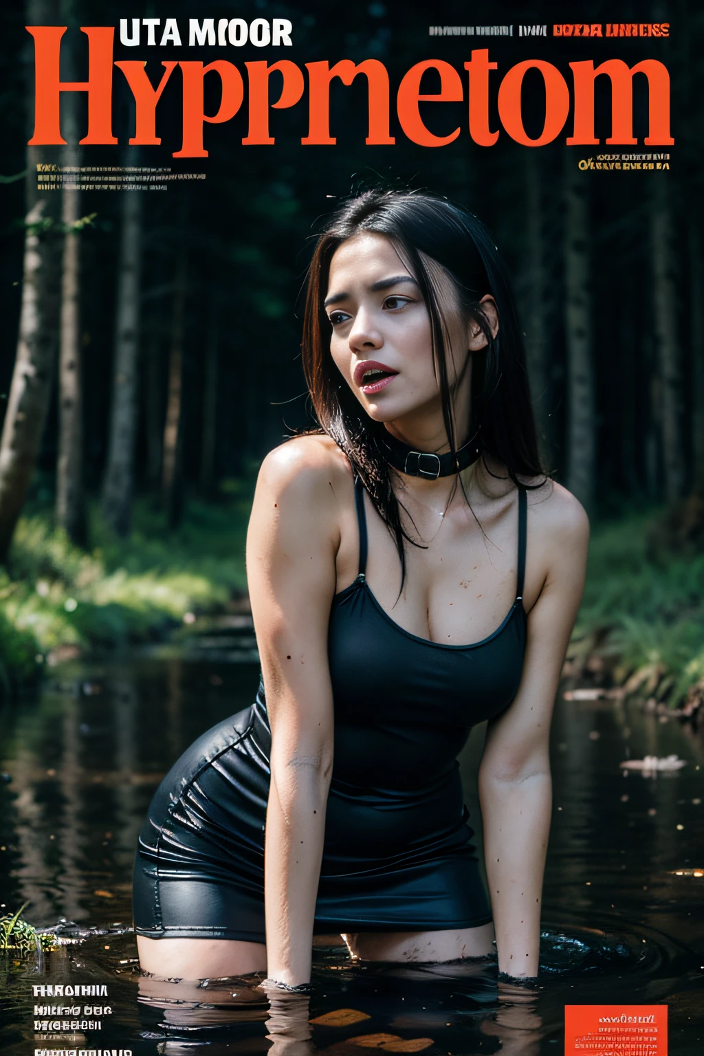 (Hyperrealistic photo, Ultra Detailed, Raw, tmasterpiece, Dynamic frame), Dark Forest, night time, (Black Sky.1.4), The forest is illuminated by the moon because of the clouds, ominous red reflections in the distance. Dark ritual, when (Bella Thorne drowns in a swamp). She is dressed in an ultra-short tight dress with thin straps and stockings with garters. A spiked collar grips her neck tightly. Tatoo. redness of a sweaty face. The face expresses a mixture of despair and intense ecstasy. Bella Thorne desperately tries to get to the surface, (In a panic:1.3), but the mud is pulling her down,