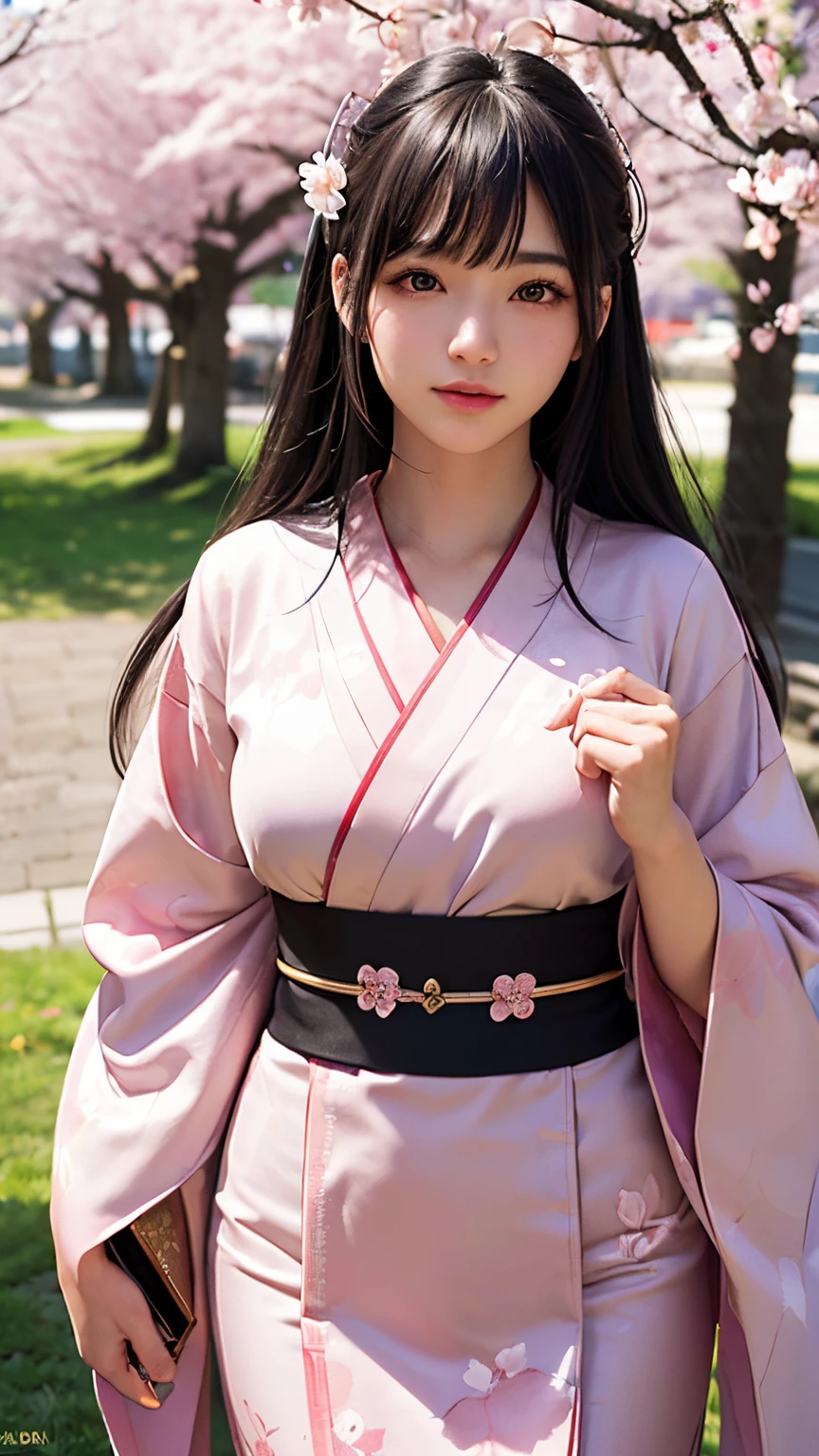 (A logo、masterpiece、8K、masutepiece、Raw photo、Fantastic、Best Quality、Photorealistic、extremely detailed CG unified 8k wallpaper、hightquality、ighly detailed、epic poem、Particle effect、Dynamic effects、depth of fields、Cinematic Light、Lens Flare、Ray tracing)、Fantasia、 (Beauty 1 person、Kimono isolated on white background、Japanese dress、Cherry blossom pattern、A dark-haired、Beautiful face、Real Face、Beautiful detail eyes、Beautiful skin)、Hair flutters in the wind、Hair jumps、Pink cherry blossom tree、Petals flutter、Sakura blizzard、Superb view、morning glow、Sun in the background、the wind、Deities、tusk、myth、Vast Land、