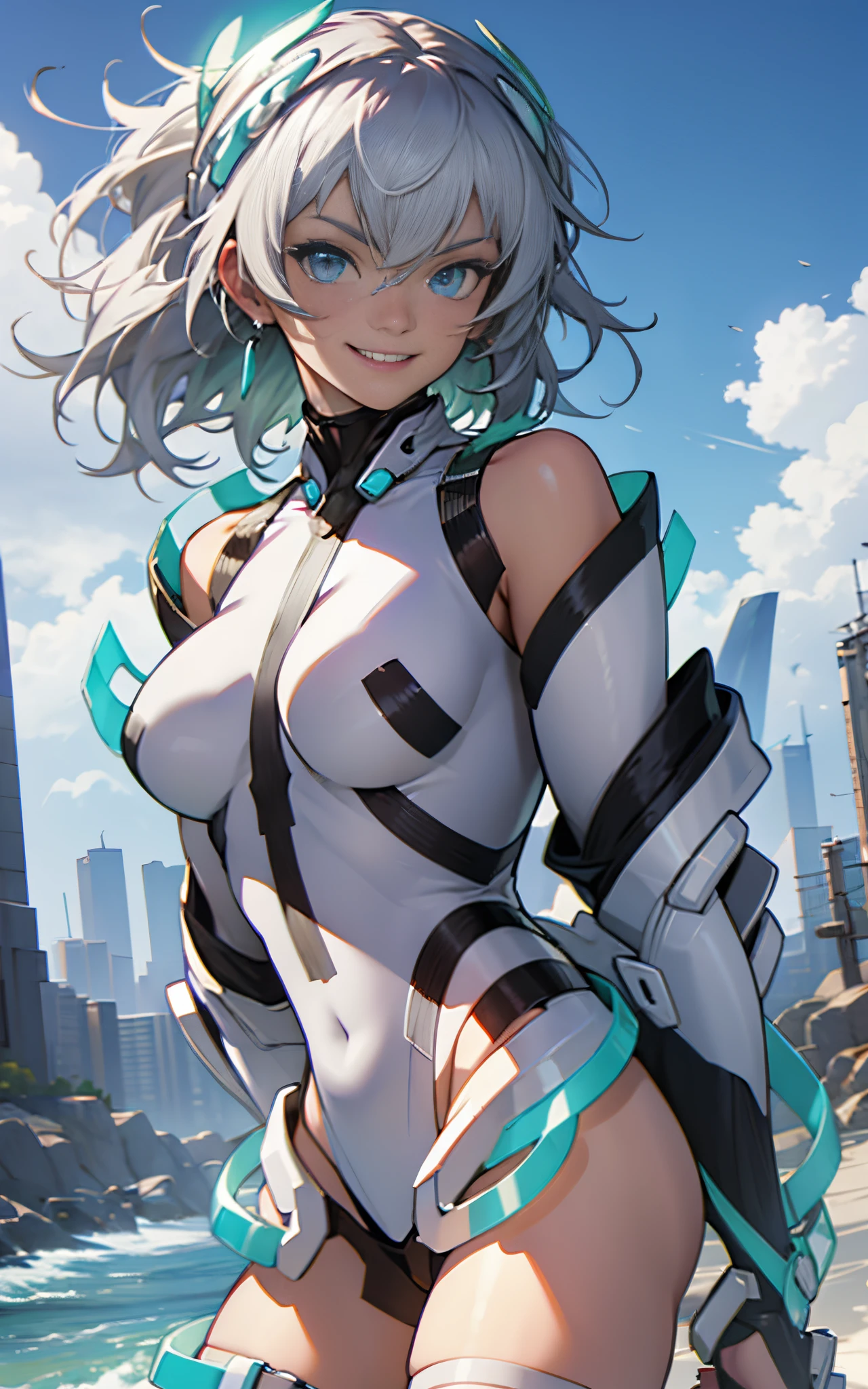 lightsmile, deva battle suit, Outdoors, Silver hair, bobhair, Blue eyes, waist shot