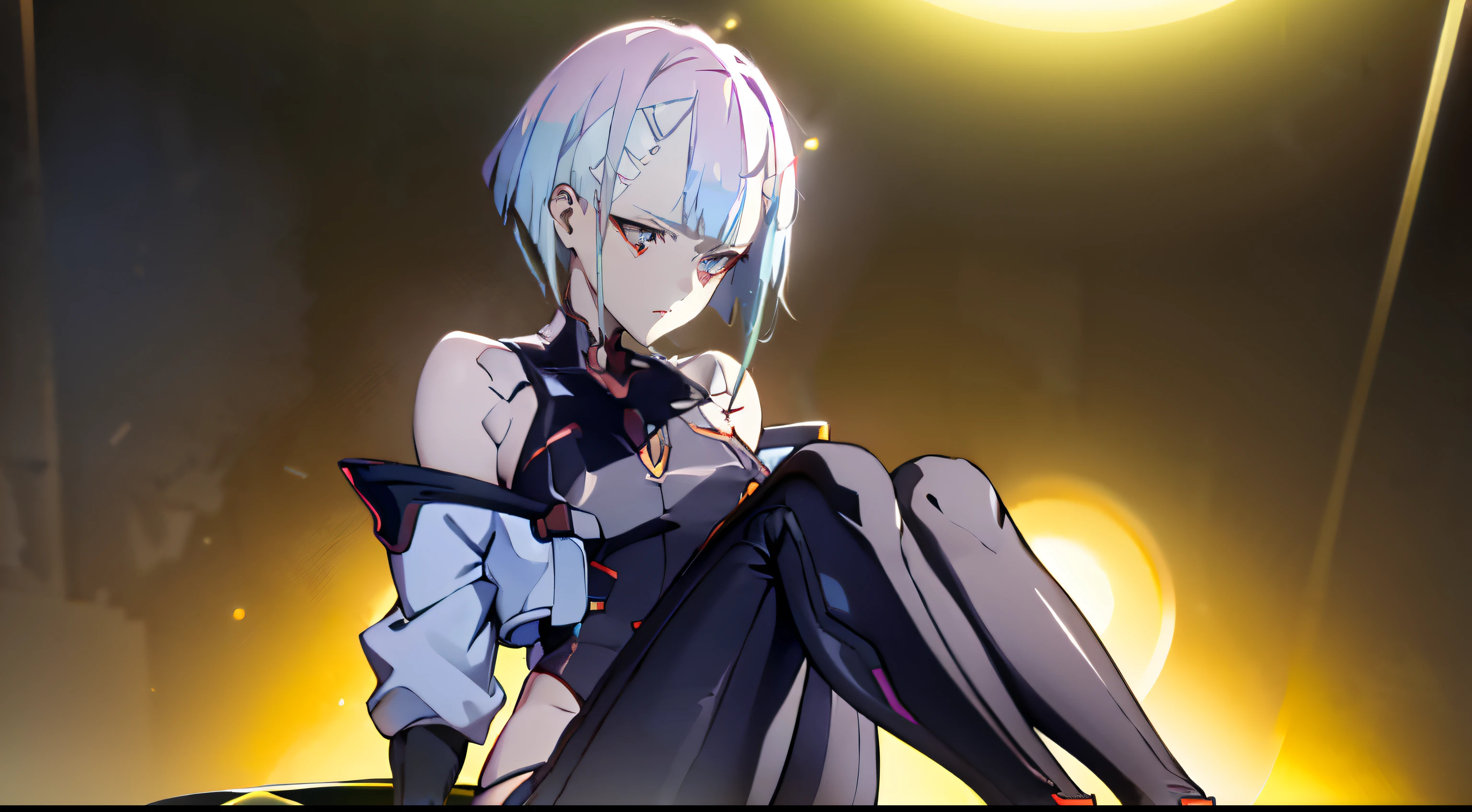 photo portrait, Sits, Sits, pulling the knees up to the chest, Beautiful figure, Lucy from the anime series Cyberpunk Edge Runner, a 1girl, facing the viewer, Beautiful figure (Proper Anatopy 1.1.), in full height (Body Full 1.1), Slim, Slender figure, Slender figure, shapely legs, Anime style, white colored hair, white colored hair, that disappear at the ends, Bob hairstyle, short white jacket, tight black suit, Cutouts on the shoulders, Cutouts on the chest, Neckline at the waist, Skinny black leather pants, Very detailed face, Very beautiful face, Very sexy ass, in full height (Body Full 1.1), Tall android girl, small elastic breasts, Little ass, Glitter Head Mask, Hair is gathered in a braid, Beautiful slim figure, small buttocks, A braid around the head, Round braid, Red Star in the Forehead, Short Brown Jacket, black tight suit, darkly，gris & Dark Style：1.1), Light, femininity，tmasterpiece，beste-Qualit，higly detailed，Visible to the feet， 8K resolution， High Sharp， 8K resolution， higly detailed， 8K UHD， Professional lighting， Photon mapping，physical based rendering， a perfect face， detailed face and body， ray traced， expressive look， Cinmatic Lighting，elastic small breasts, Heightened sexuality，