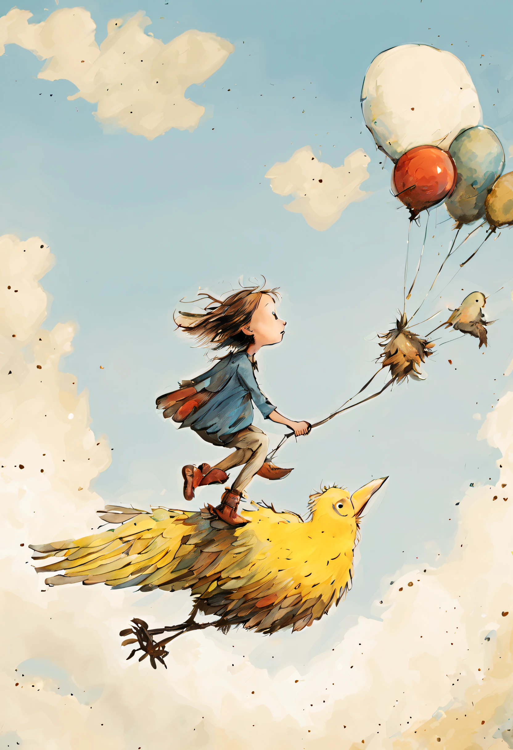 Quentin Blake style photo 、A girl riding a big bird flying in the sky、hight resolution、Beautiful fece、top-quality、​masterpiece、ighly detailed