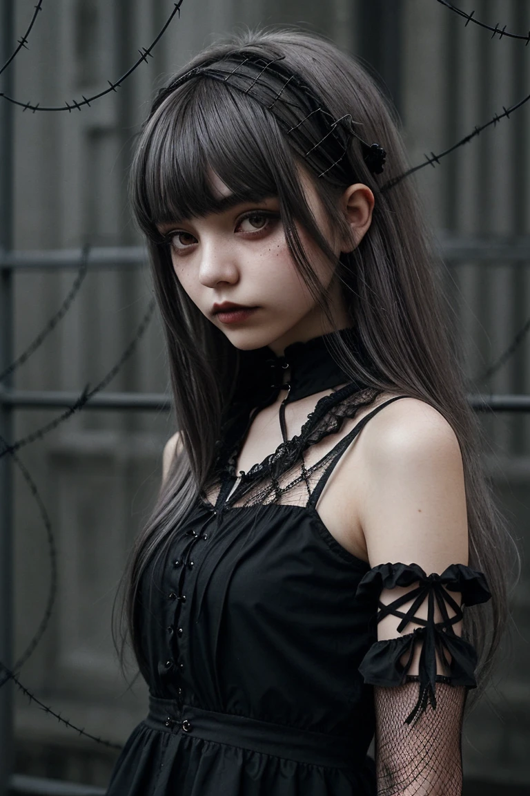 Girl with gothic net symbolic clothes, 。.com (Barbed wire of the body) brunette color hair，Gray hair ends