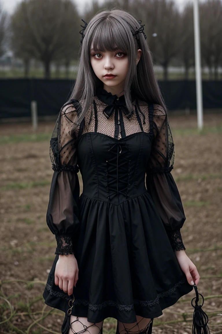 Girl with gothic net symbolic clothes, 。.com (Barbed wire of the body) brunette color hair,Gray hair ends