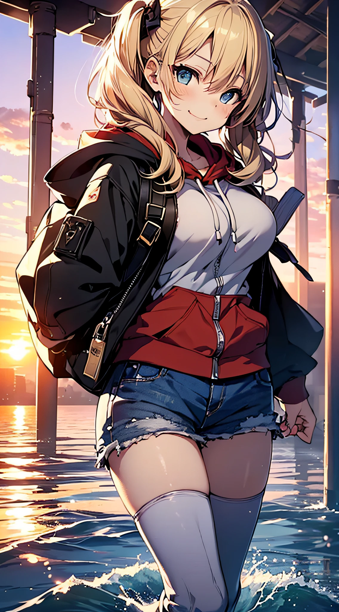 (software), masterpiece, highest quality, highres 64k, professional artwork, famous works of art, clean, cinematic lighting, beautiful eyes + detailed, beautiful hair + detailed, ( medium breasts, breastfeeding), minami yume:1.2, green eyes,  Medium breasts,large size sweater,Short jeans,black tights,brown short boots,In town,smile,noon,walking