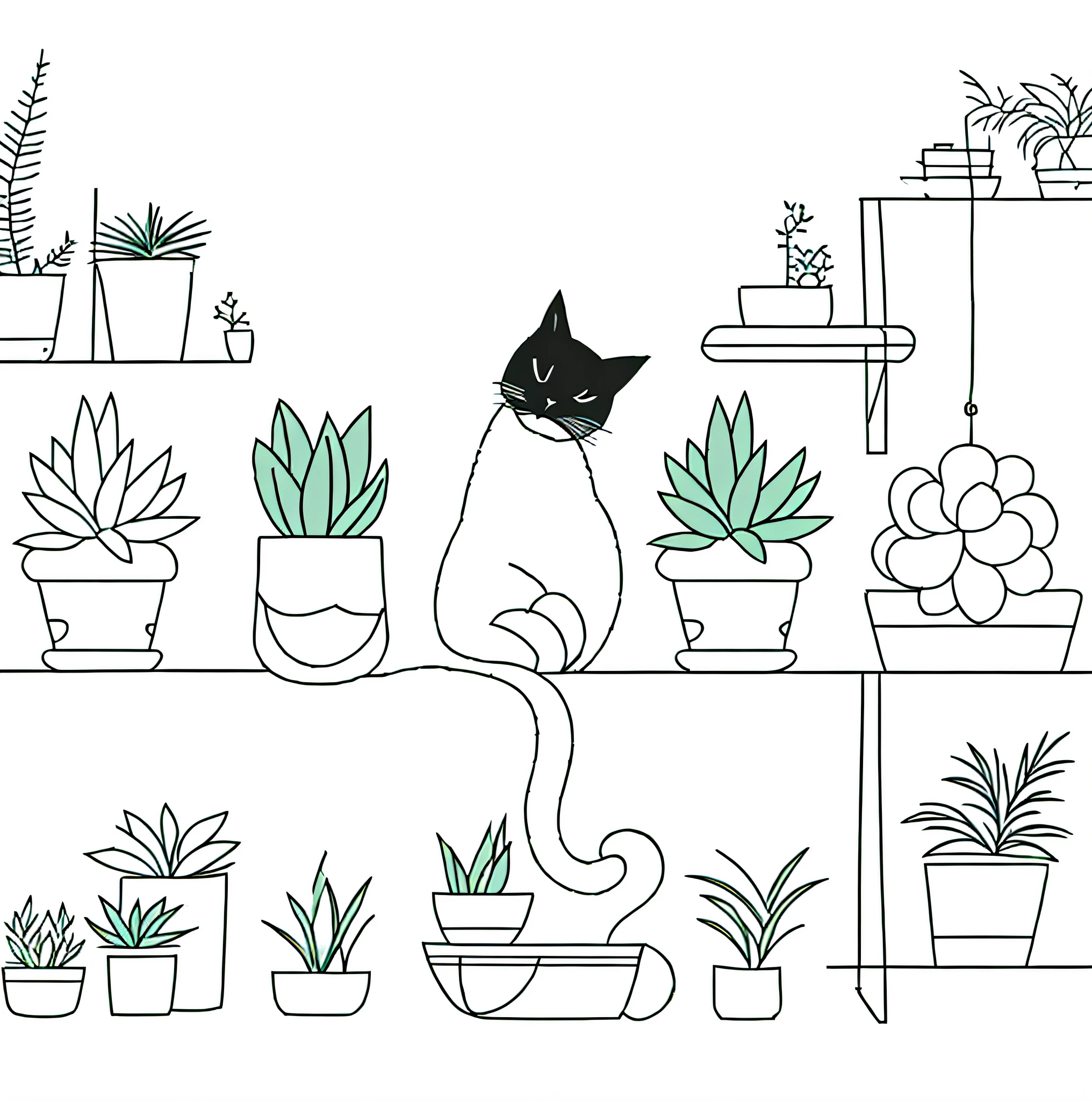 Black and white painting of a cat sitting on a shelf,Potted plants on shelves, cats and plants, Simple line art, minimalist line art, outlined art, One-line diagram, Minimalist line drawing, A line art, Simple lines of art, next to a plant, Coloring book outline, thin line art, digital line art, outline art, Draw with single line