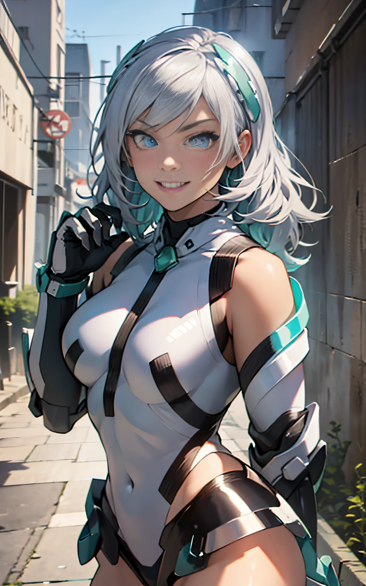 lightsmile, deva battle suit, Outdoors, Silver hair, bobhair, Blue eyes, waist shot