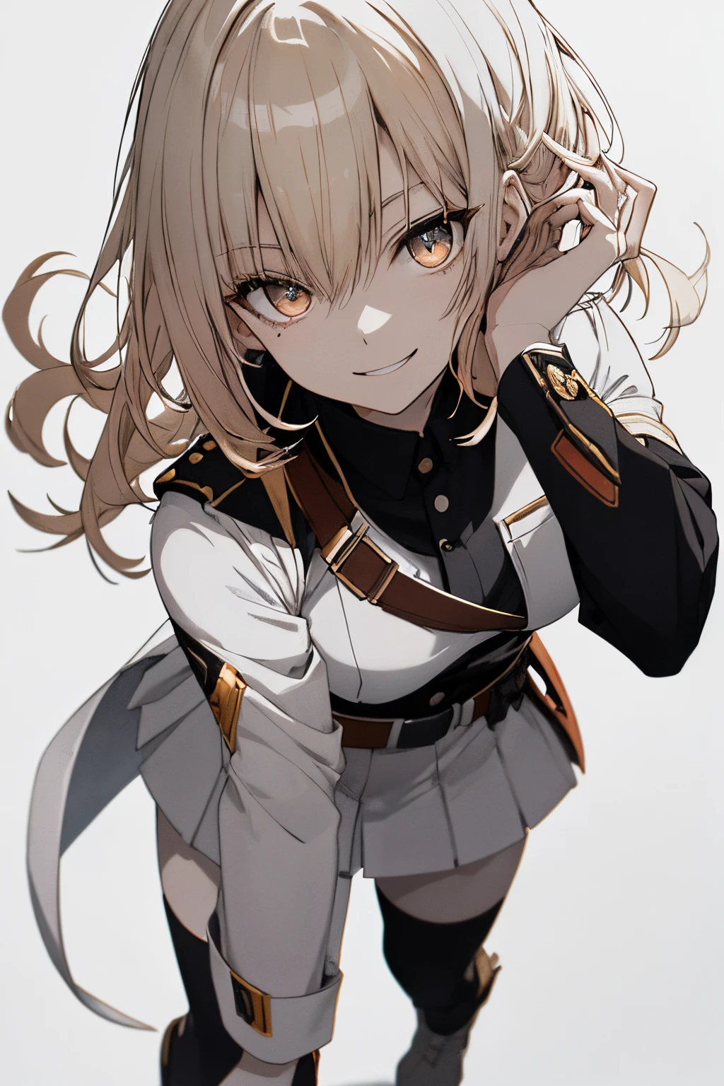 (Super Sexy Pose:1.2), 1 girl in, Full body, White one-piece military uniform, (masutepiece:1.2, Best Quality), (finely detailed beautiful eye: 1.2), (beautifull detailed face), High contrast, (Best Illumination, extremely delicate and beautiful), ((Cinematic Light)), Dramatic light, Intricate details, dark orange eyes, Small boods, Belt under boobs, White military uniform, White skirt,blonde  hair, Black tie,  (Pale white background:1.5), Wolf cut hair, accurate hands, Look at me and smile, ruddy skin