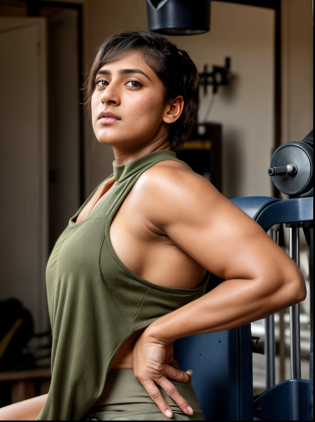 Face of PV Sindhu and Tapsee Pannu, perfect thick dusky Beauty, dynamic lighting, wearing olive green Knit Cami top, detailed hairy armpits, super hot cop, mascular Woman doing exercise, cinematic Lightning, Highest quality, (dramatic lighting:0.7), masterpiece, high angle shot, perky breast, big tight breast, RAW photo of (pale 45 year old military Special Force woman with short styled hair, mascular woman with heavy physique, looking up at the viewer), cute, Extremely sweat, (wearing sleeveless
square neck vest, thin cotton ), doing free hand excercise in a military camp in jungle, portrait, perfect face, beautiful eyes, vivid detail, (highly detailed skin), freckles, sfw, (blue tint:0.6), (dirty:0.8), (bloody:0.7), key lighting, (backlighting:0.5), medium depth of field, photographed on a Canon 5D, 50mm lens, F/4 aperture, (hyperdetailed, intricate details), sharp focus, muted colors, 8k, absurdres, 8mm film grain, war photography, perfect eyes, detailed eyes, sharp focus,