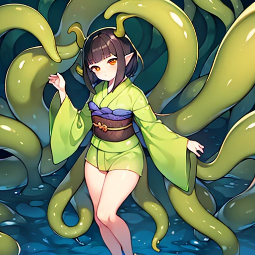 ((Highest quality)), ((masterpiece)), (detailed), （Perfect Face）、The female frog monster, whose body and soul are frogs, is Yukikaze Mizuki, a frog woman with medium-long brown hair, green skin, and a frog-like face.、The woman is naked and has the body of a frog girl, with webbed limbs, a frog-like posture, and a frog-like body surface. She is a complete frog girl, and is being held from behind by a male frog monster and mating like a frog.、The woman is by the water in the forest and is mating with a male frog monster with a frog-like face, and they are mating like frogs.、The woman is pregnant and laying giant frog eggs.