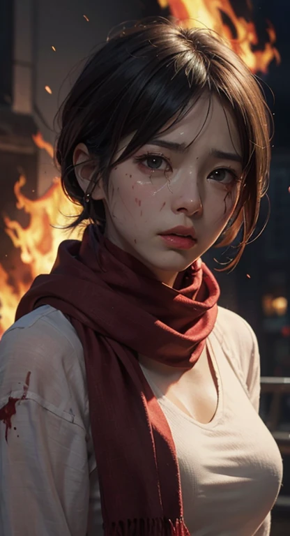 (masutepiece), (Hyper realistic), Attack on Titan, Half body shot, Mikasa Ackerman, Crying, saddened, Tears, Maroon scarf around the neck, Blood stains on his face and clothes, 动态照明, Dramatic fire background