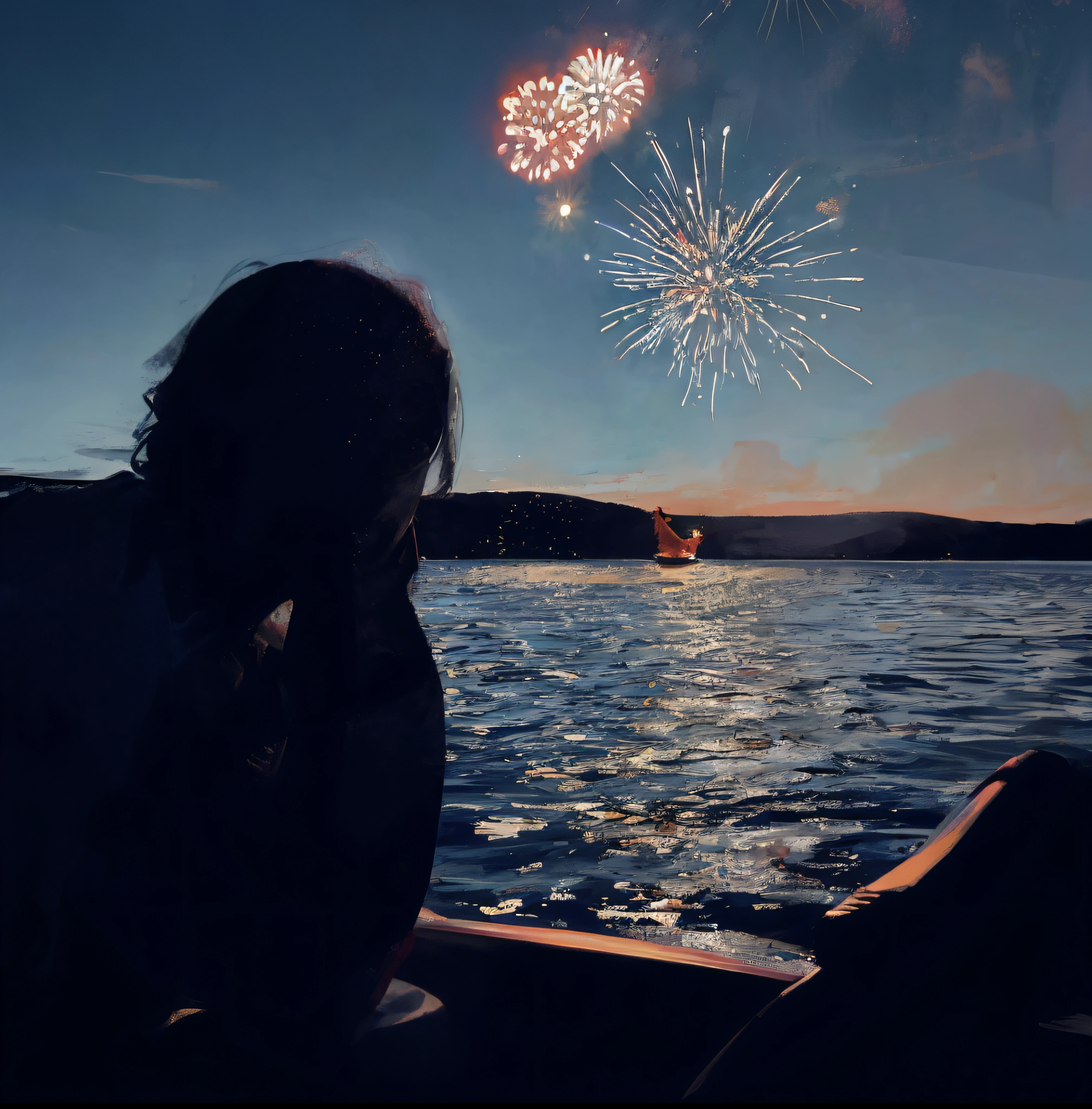 best quality,realistic,fireworks,woman sitting on a boat,fireworks in the background,fireworks background,fireworks,[fireworks in the sky]!!,July 4th,celebration,flames in the sky,fireworks on the background,sunset,dramatically edited,by Jacob Goldman,background lit up with a fiery red hue,extremely accurate depiction
