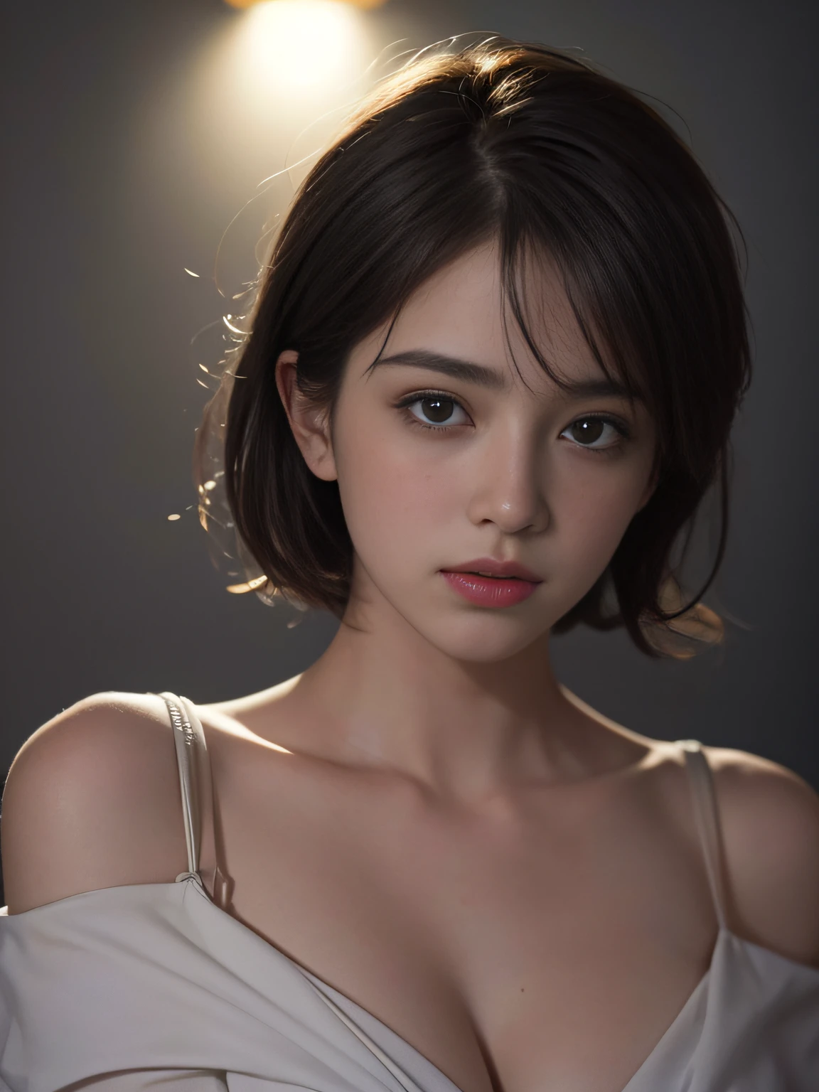 Best quality, masterpiece, ultra high res, (photorealistic:1.5), raw photo, 1girl, offshoulder, in the dark, deep shadow, low key, cold light, sexy look, short hair